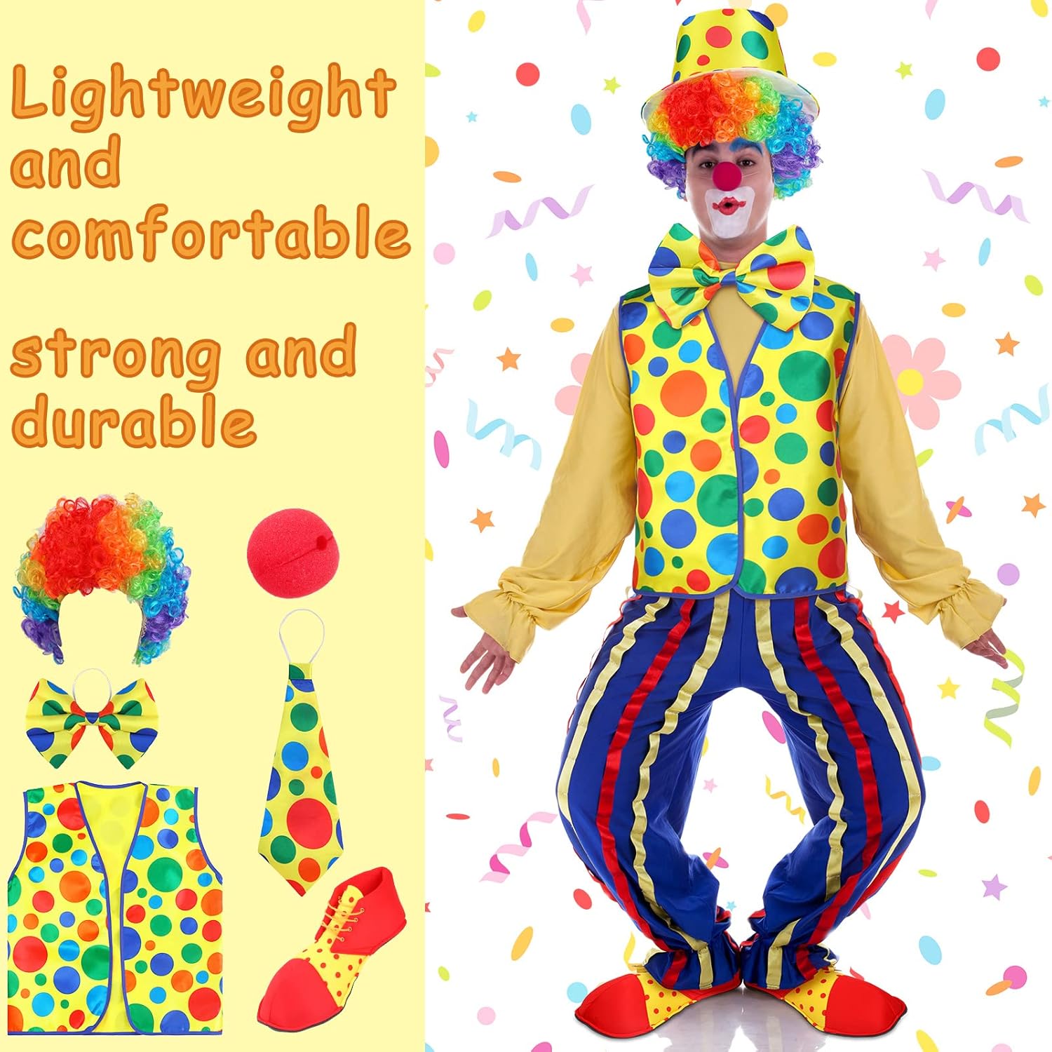 Miniatura 4 de Juego de 8 disfraces de payaso incluye nariz de payaso roja zapatos de payaso chaleco de payaso sombrero de payaso peluca de payaso pajarita de