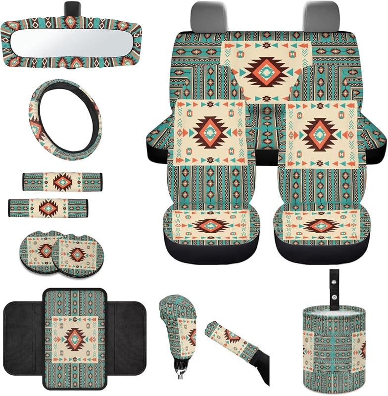 Kit de Capas e Acessórios Internos para Carro Wanyint com 14 Peças, Estampa Southwest Aztec Bege e Ciano