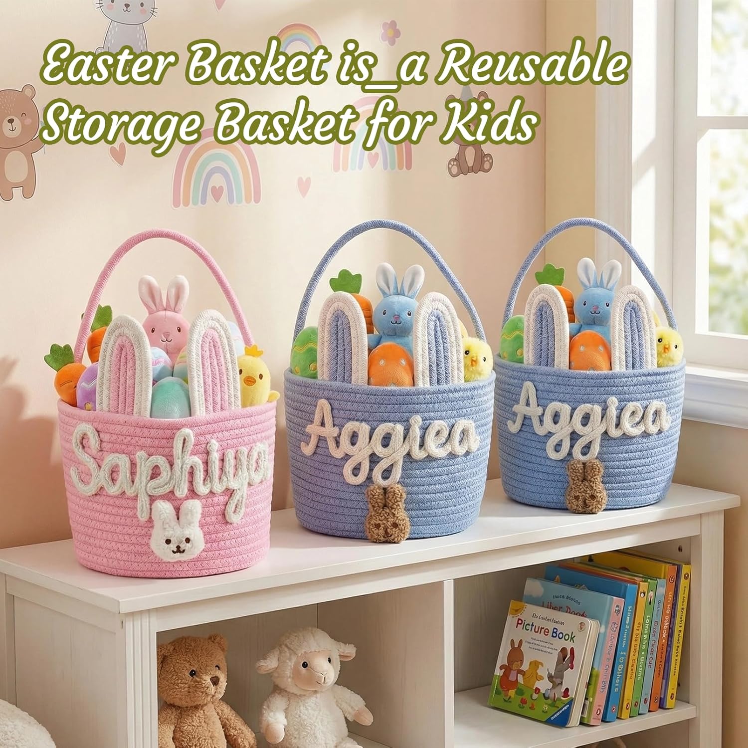 Personalized Easter Baskets for Boys & Girls, Cute Bunny Custom Easter Basket for Girls with Embroidered Name Woven Cotton Rope Tote Kids’ Easter Gifts for Egg Hunts - Image 7