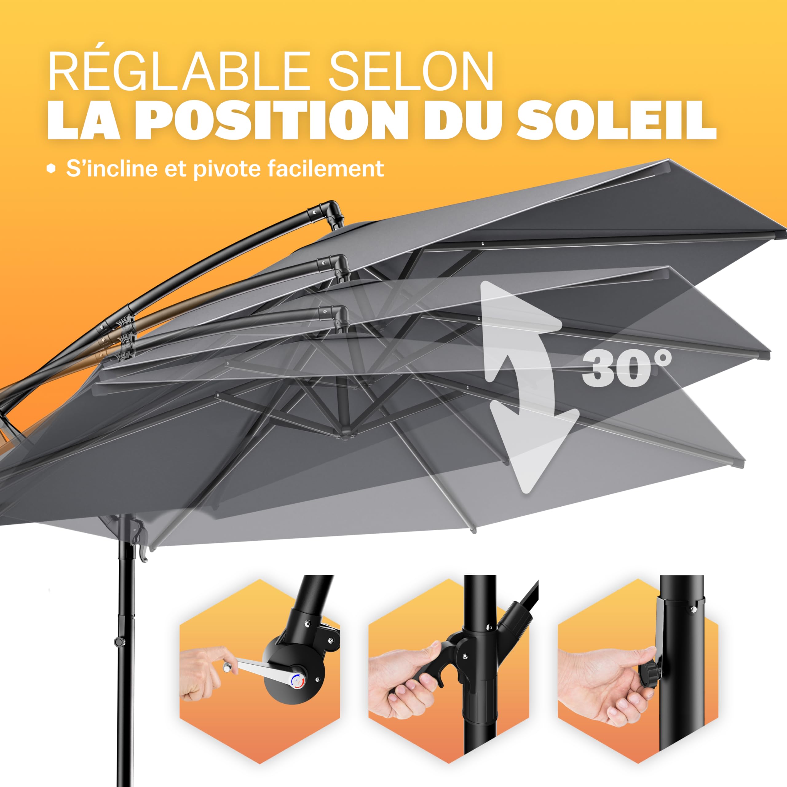 Kingsleeve® Parasol de jardin extérieur en alu Parasol déporté inclinable anthracite Ø330cm avec manivelle Protection UV 80+