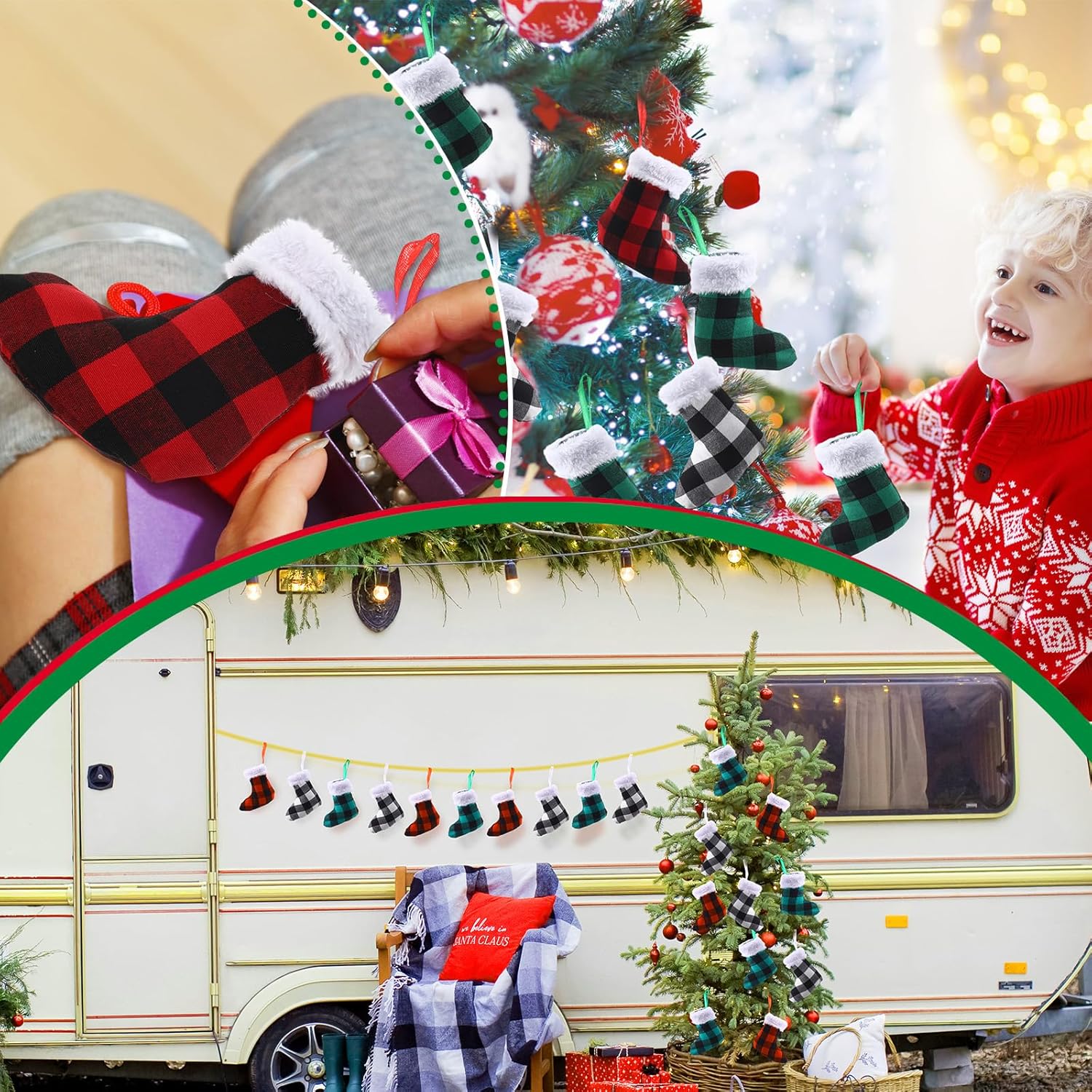 Vinsot 60 Pcs Mini Christmas Stockings 6 Inch Xmas Buffalo Plaid Stockings Small Christmas Stockings with Plush Cuff for Fireplace Christmas Tree Ornaments Hanging Decorations Holiday Decor, 3 Colors