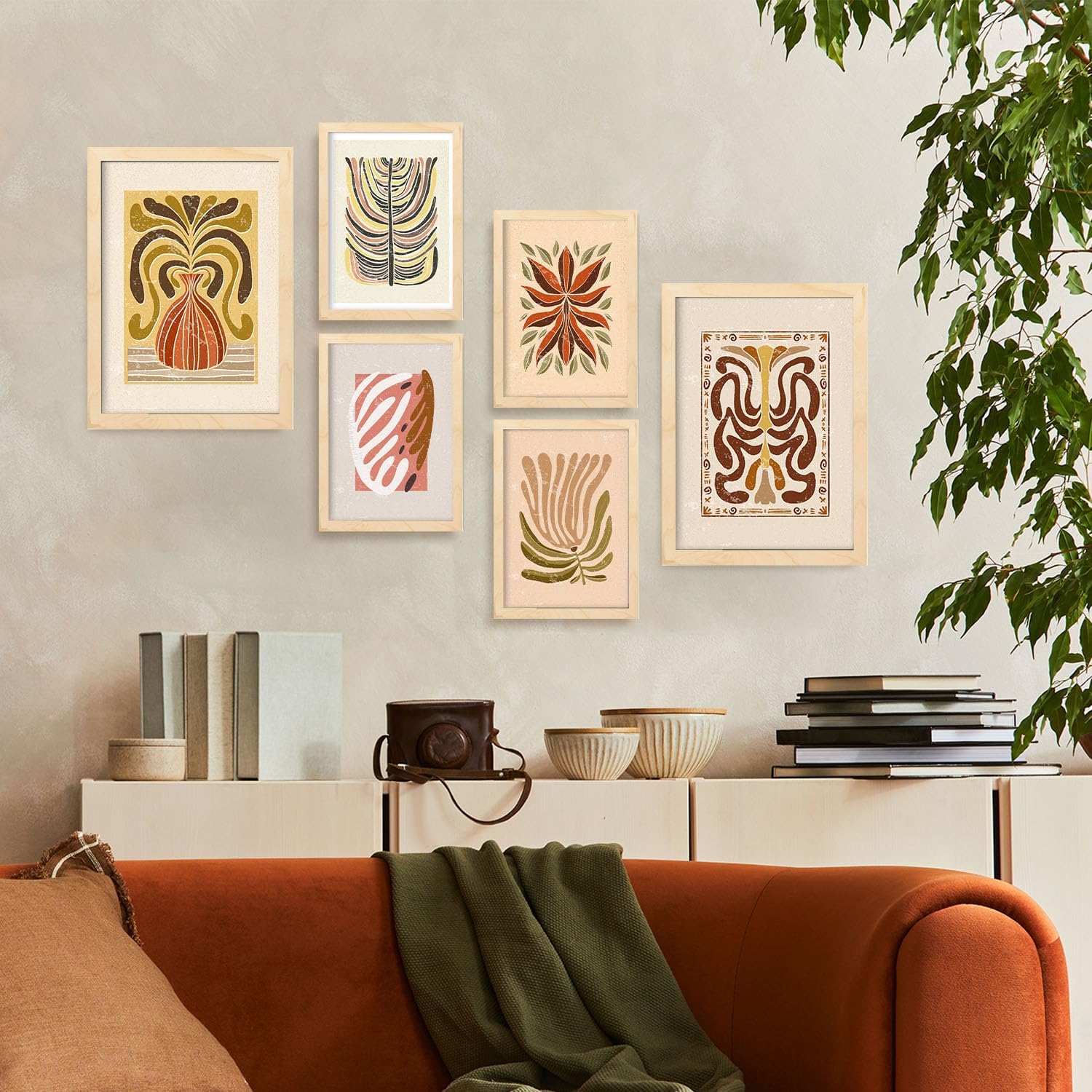 Nacnic Set de 6 Laminas de tallos de estilo étnico. Cuadros decorativos estéticos para su sala de estar, dormitorio, hogar. Impresión de arte de pared. Tamaños A4 y A3 con marcos de madera ligera