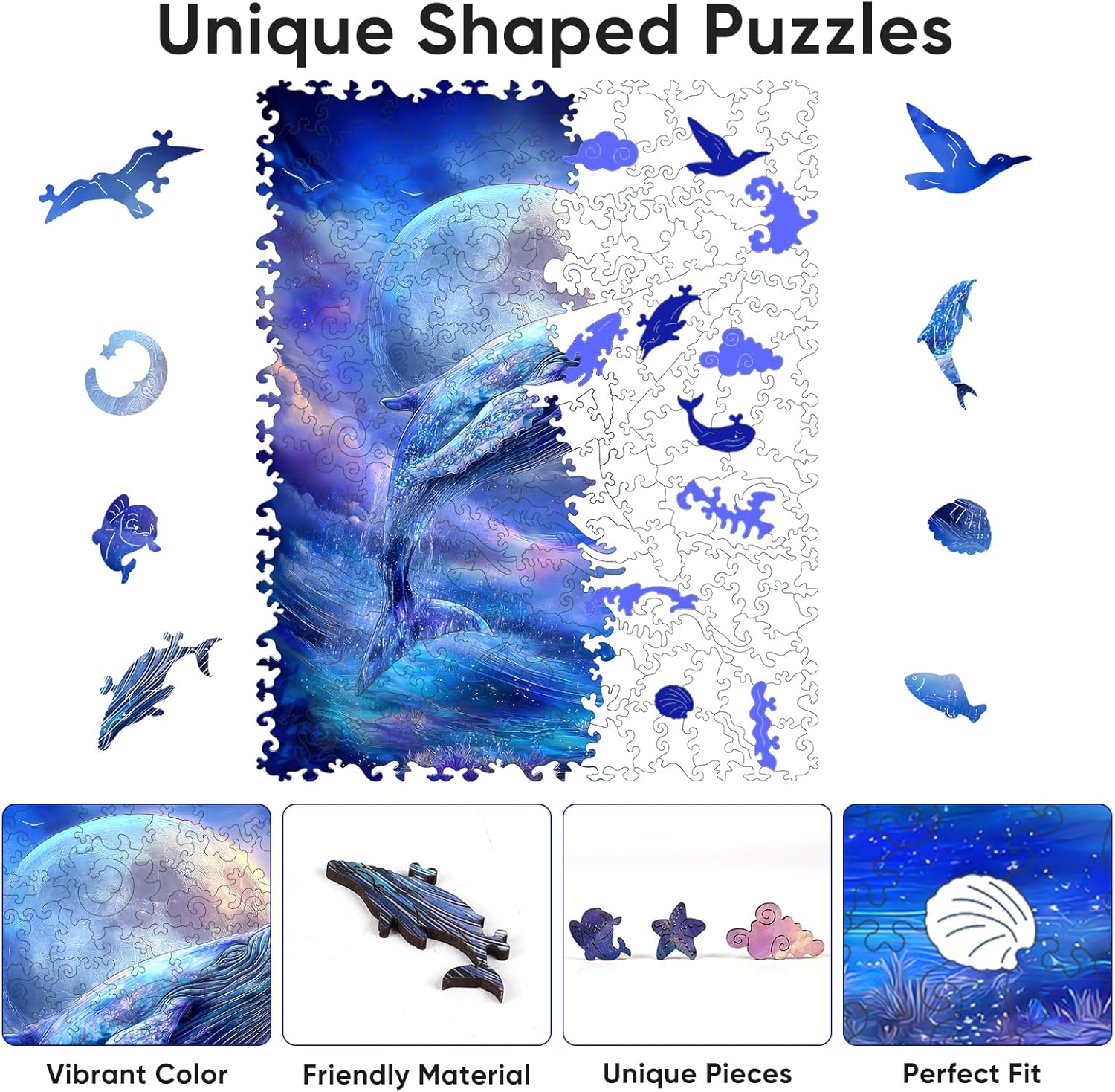 Bovearto Whale Puzzle, Moon Whale Wooden Puzzles for Adults, Sea Animal Puzzle Unique Shaped Puzzle Gifts for Kids 206 Pieces (9.8"*12.2")