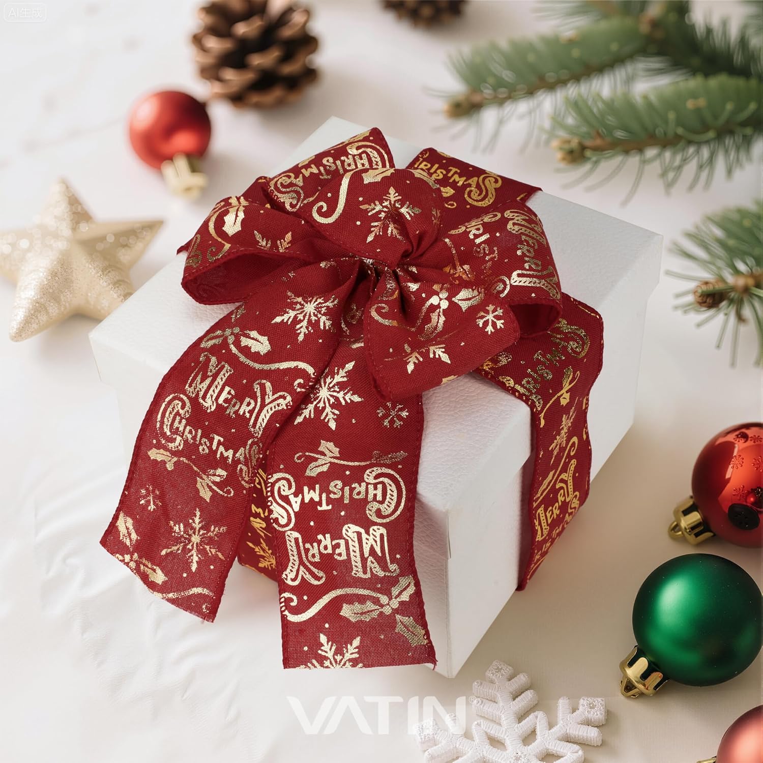 VATIN Christmas Ribbon, 2.5 inch Width, Gold Snowflake Swiss Dots Holly Pattern, Red Linen-Look Fabric, Single-Sided Print, 10 Yards
