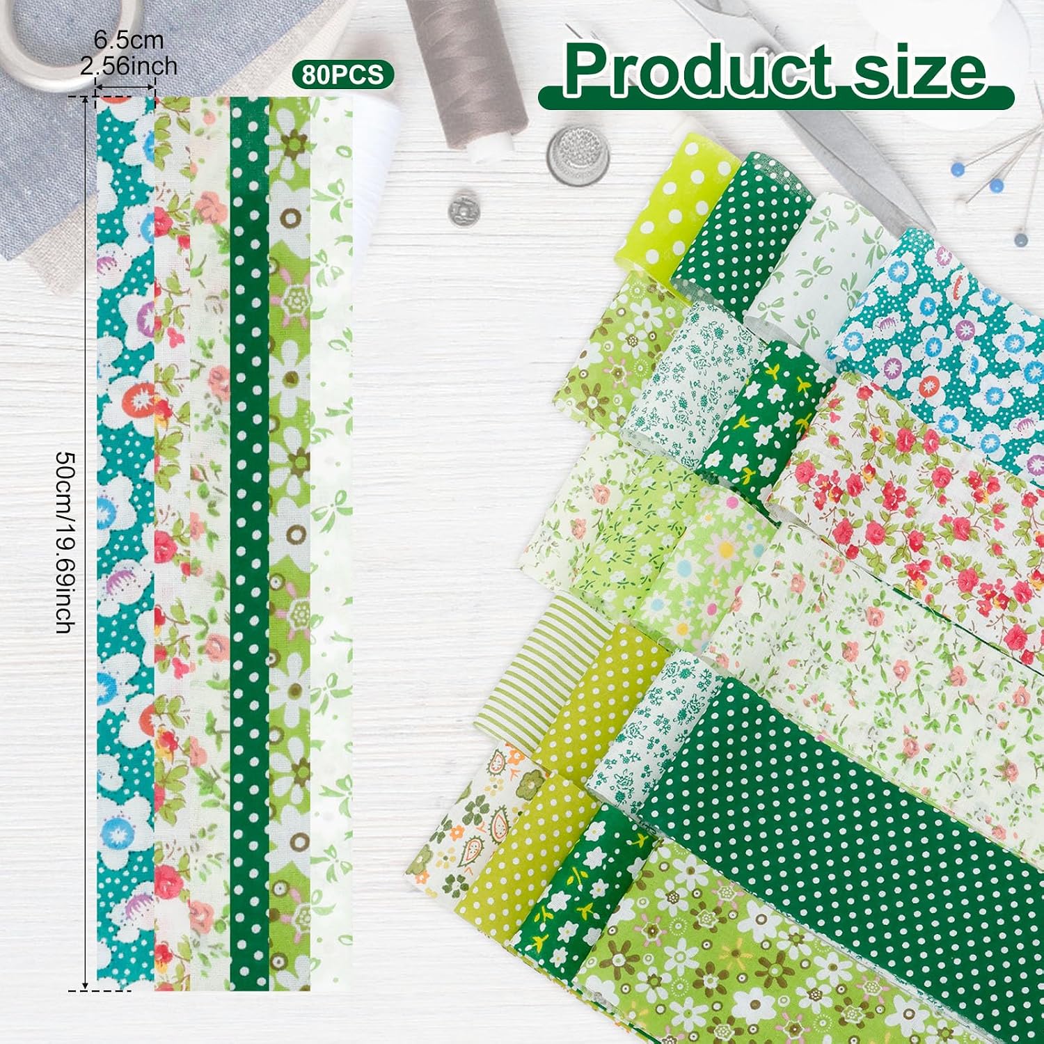 80Pcs Jelly Roll Fabric Strips for Quilting, 2.5" x 20" Pre Cut Strips, Printed Cotton Fabric Bundles, Fine Cloth Quilts Strip, Floral Patchwork Craft Sewing Supplies for DIY (Green) image 2