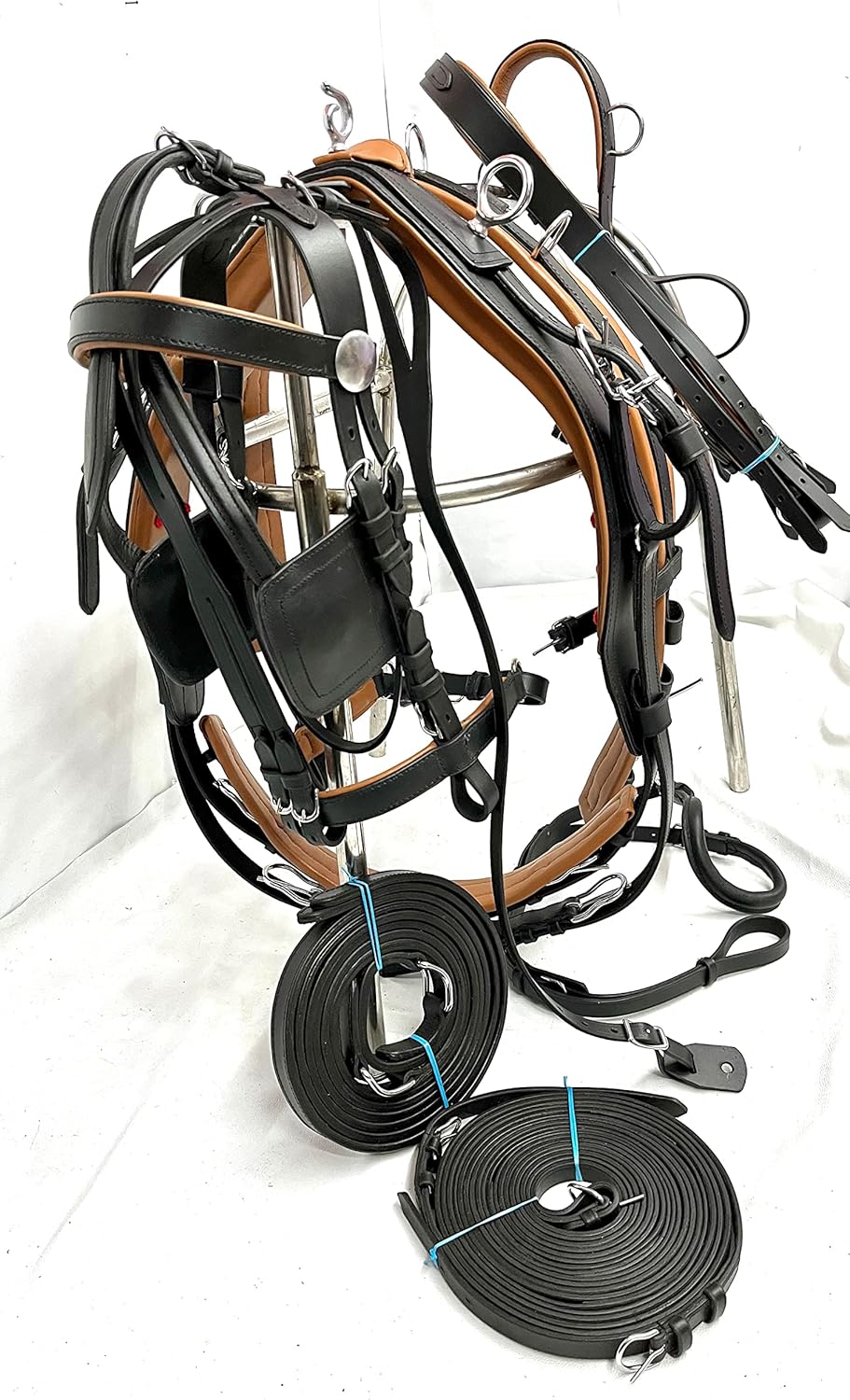 Tan Soft Leather & Black Leather Driving Harness for Single Horse Cart in 4 Sizes Full, Cob, Pony & Shetland (Full)
