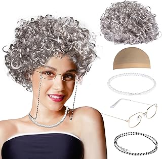 Granny Wig Old Lady Costume Set Elderly Woman Accessories Fun Wigs Light Gray Glasses Cap Faux Pearl Bead Necklace Chain for Party Halloween Cosplay,Funny Comedy
