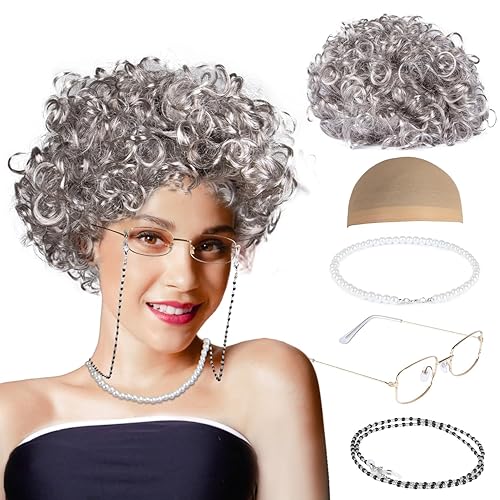 MAQIHAN Granny Wig Old Lady Costume Set Elderly Woman Accessories Fun Wigs Light Gray Glasses Cap Faux Pearl Bead Necklace Chain for Party Halloween Cosplay,Funny Comedy - Gray