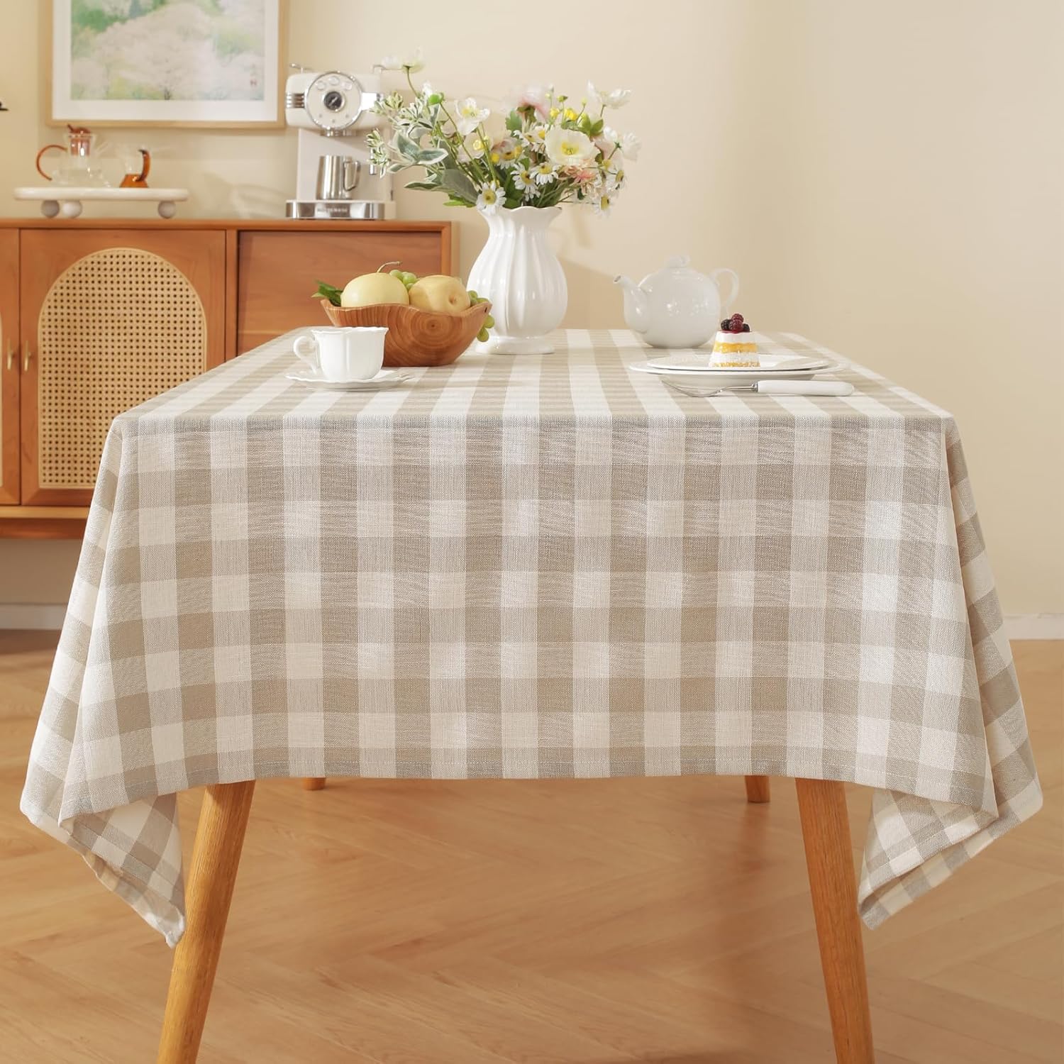 Gingham Tablecloth Rectangle 60"x 106", Beige Buffalo Checkered Table Cloth, Cotton Linen Wrinkle Free Washable Farmhouse Fabric Plaid Table Cover for Kitchen Outdoor Picnic