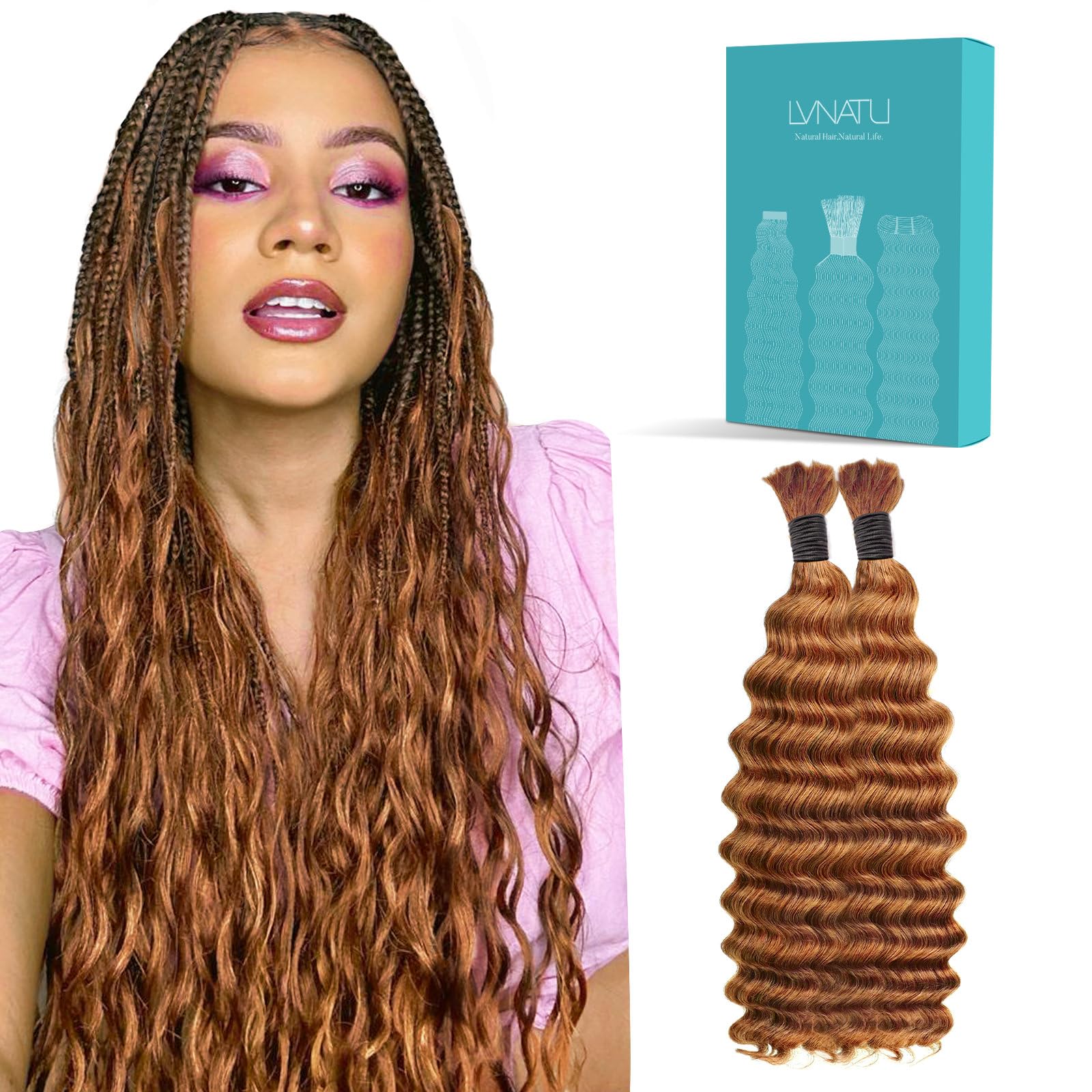 Lvnatu Auburn Boho Human Hair Color 30 Brown Braiding Hair for Daughter/Friend Knotless Gypsy Braids Bohemian Deep Wave Bulk 2 Bundles 100g 22 Inch