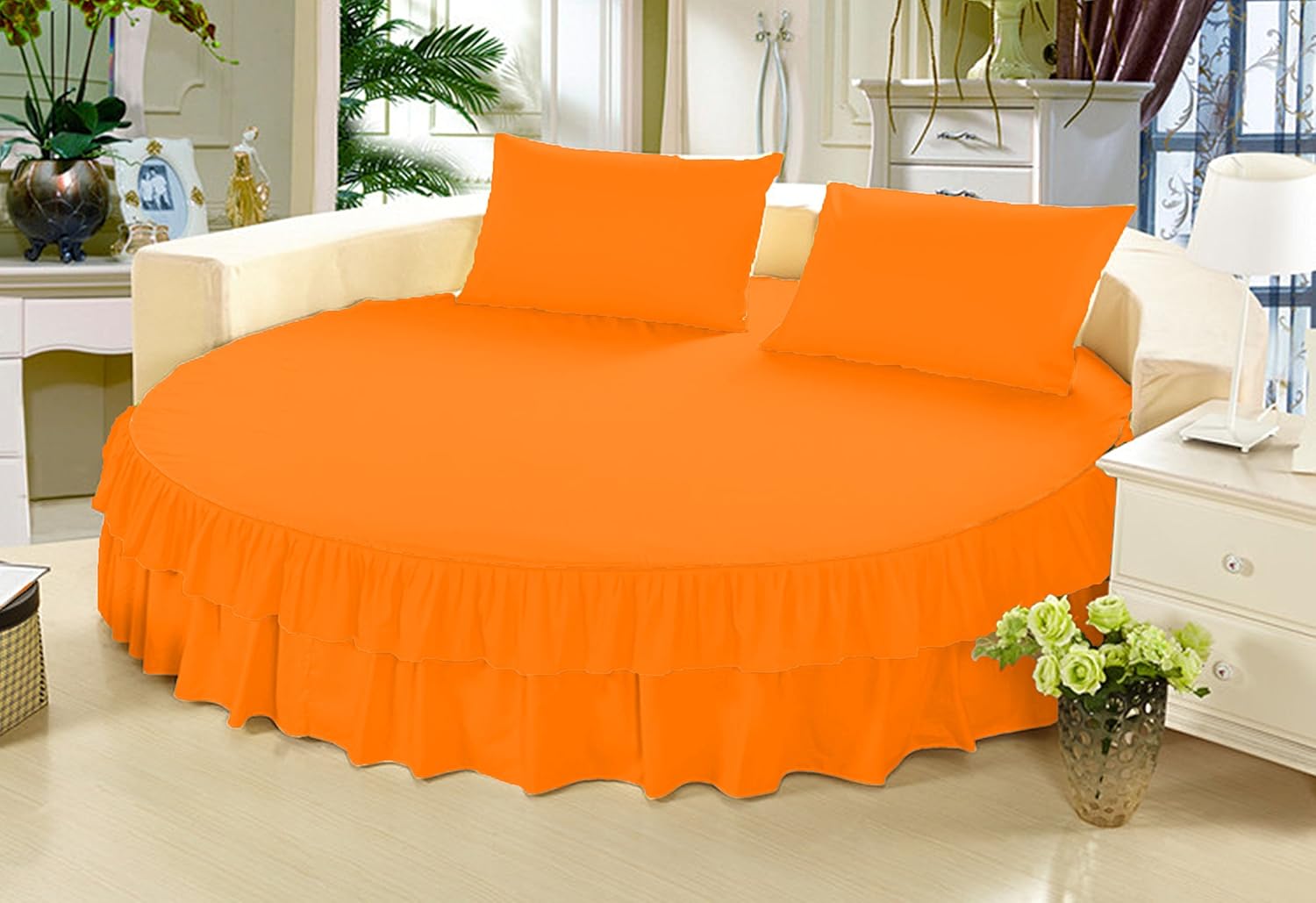 Bed Skirt - 1 Piece Solid 12 Inch Tailored Drop Double Ruffle Bed Skirt/Bed Spread for Round Bed 800 Thread Count Pure Cotton (White, King 92" Diameter)