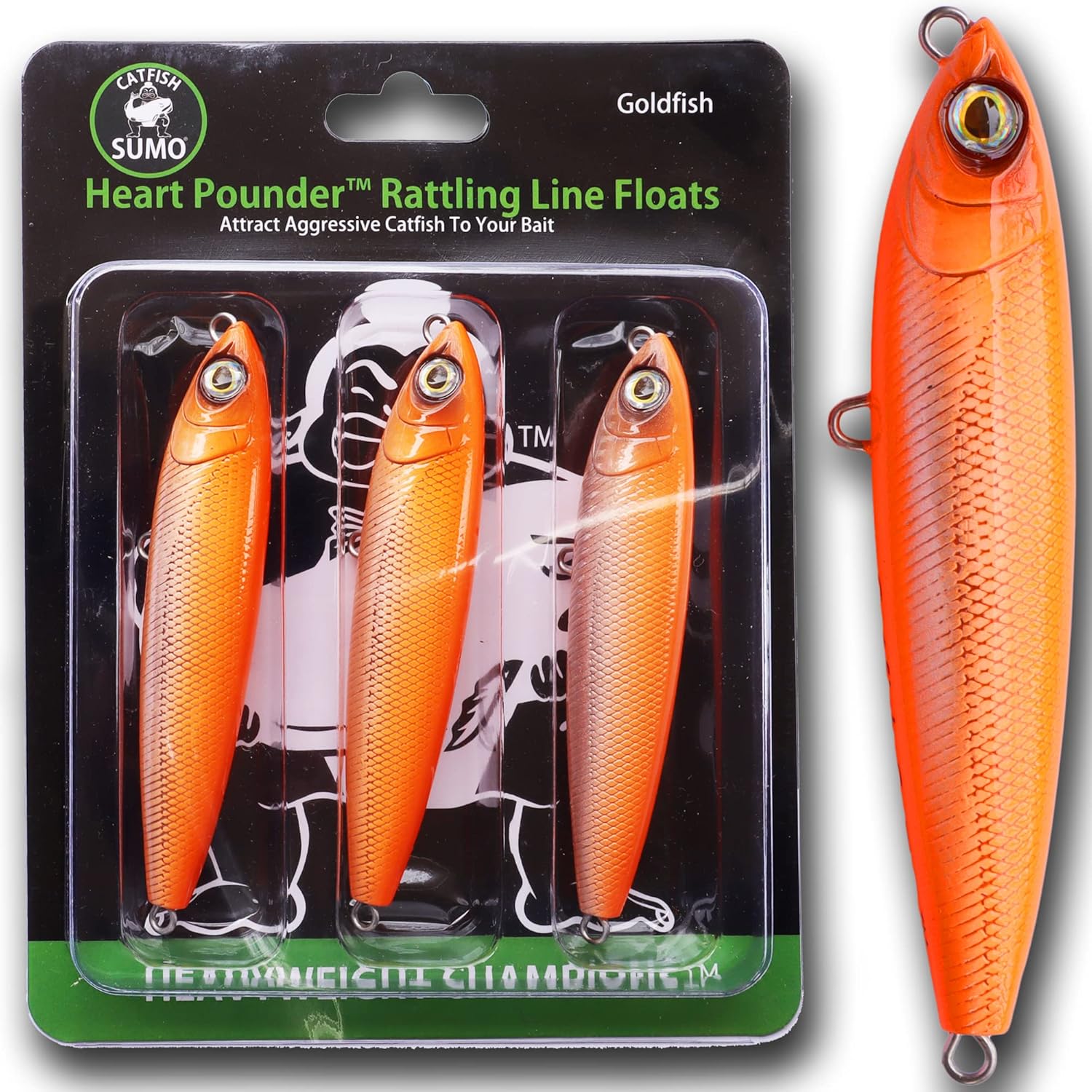 Heart Pounder Catfish Rattling Line Float Lure for Catfishing, Demon Dragon Style Peg for Brute Size Baits, 5 inch, 3-Pack