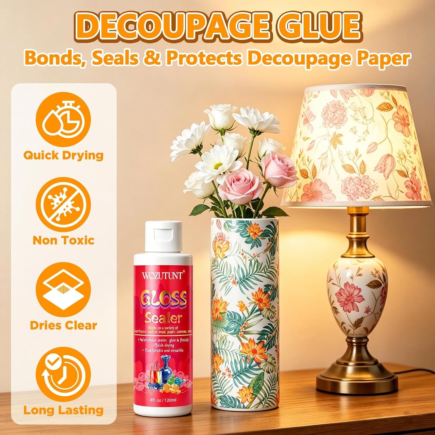 20 Pack Decoupage Napkins Set, Floral Napkins with 4FL OZ Gloss Decoupage Glue & Foam Brush, Dries Clear, Quick Dry Craft Glue Sealer for Valentine's Day DIY Crafting Spring Party, 13x13 Inch