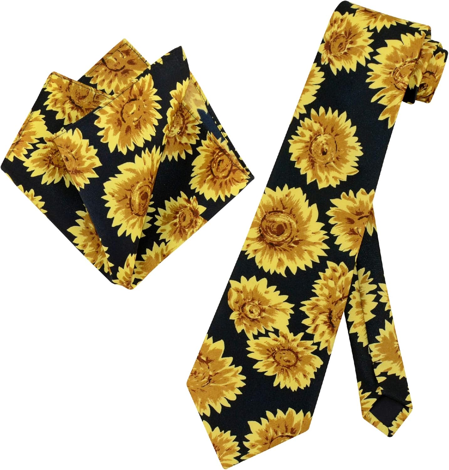 Sunflowers Mens NeckTie Handkerchief Sun Flowers Black Background Neck Tie and Hanky Set