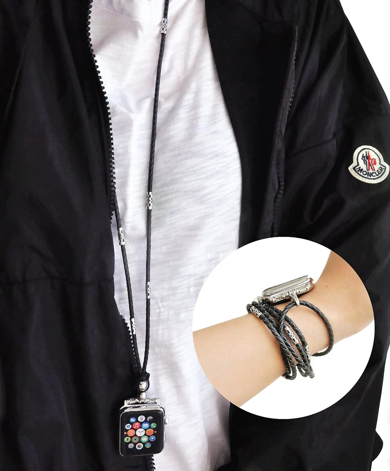 Genuine Black Leather Necklace for Smartwatch 42mm of