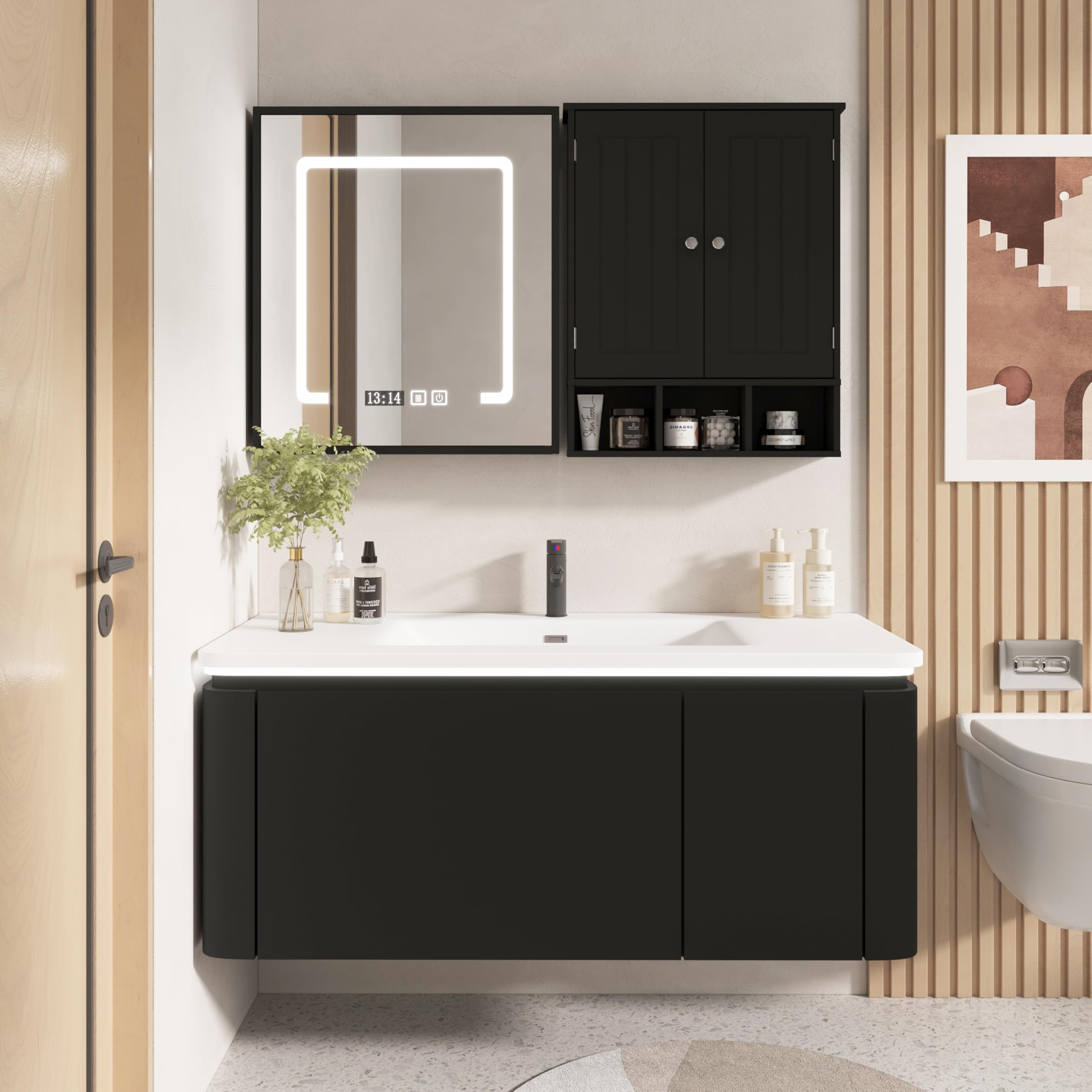 Botiquín de baño de 2 puertas con 3 estantes abiertos, sobre el inodoro, armario de medicina montado en la pared con divisiones ajustables, gabinete de baño para baño, sala de estar, cocina, color