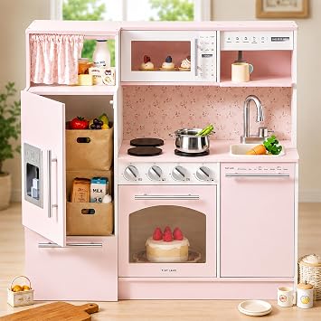 Tiny Land Wooden Play Kitchen for Toddlers, Kids Play Toy Kitchen Set | with Realistic Accessories Storage Fridge, Stove, Microwave, Coffee Station, Birthday Gift for Boys Girls Ages 3+,Pink