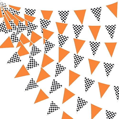 Vista 19 de Decoraciones de Fiesta de Carreras de 32 Pies Azul Polvoriento Negro Blanco a Cuadros Banner de Tela de Auto de Carreras Bandera Triangular Banderín