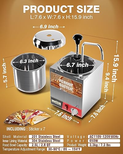 Miniatura 6 de WantJoin Dispensador de queso nacho con bomba, 2.8 cuartos de galón con bomba de acero inoxidable, calentador de dulce de azúcar caliente, control