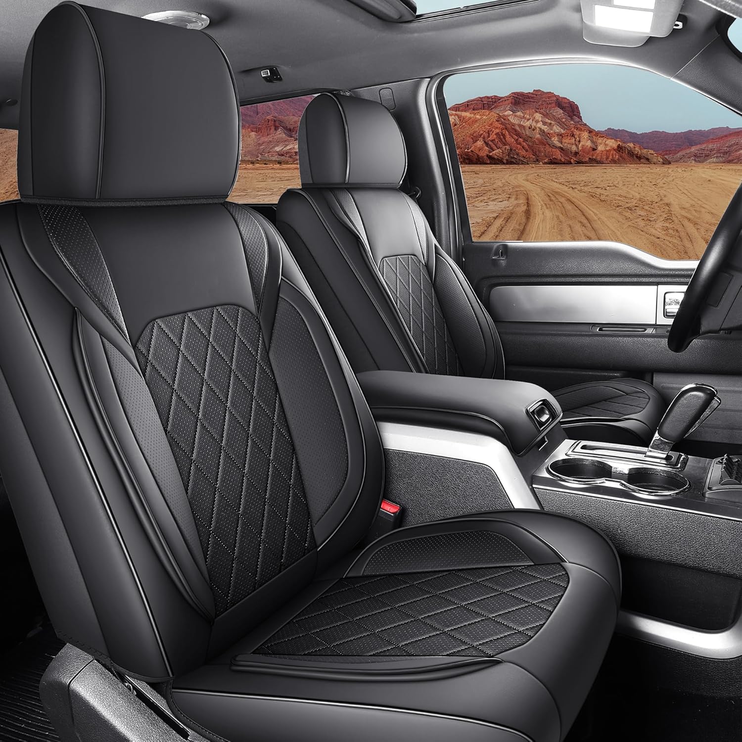 Seat Covers for 2015-2025 Ford F150 SuperCrew & 2017-2025 F250/F350/F450 Super Duty Crew Cab Pickup XL XLT Lariat King Ranch | Full Set Front and Rear(Black) Black Front & Rear