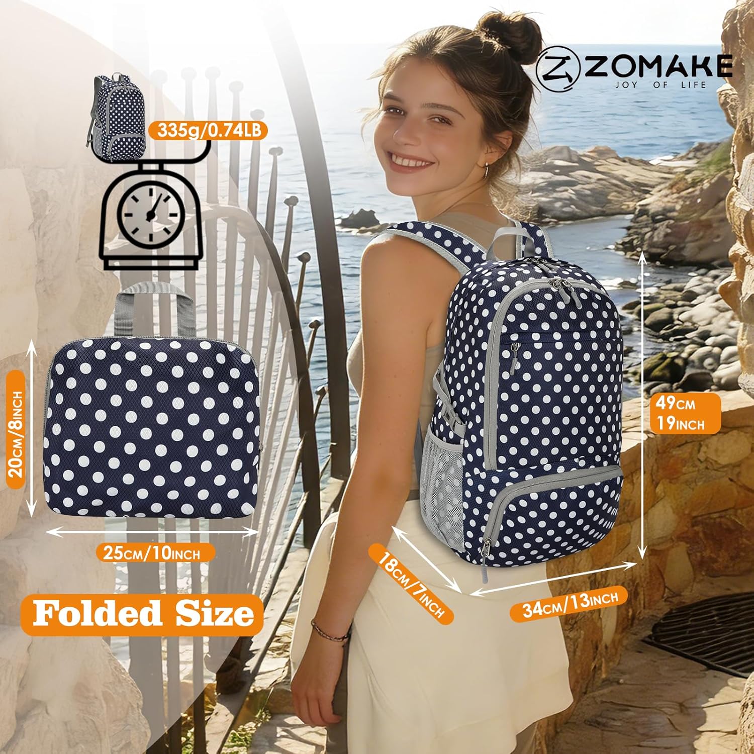 ZOMAKE Lightweight Packable Backpack 30L, Foldable Hiking Backpacks Water Resistant Compact Folding Daypack for Travel(Navy Blue,White polka dots)