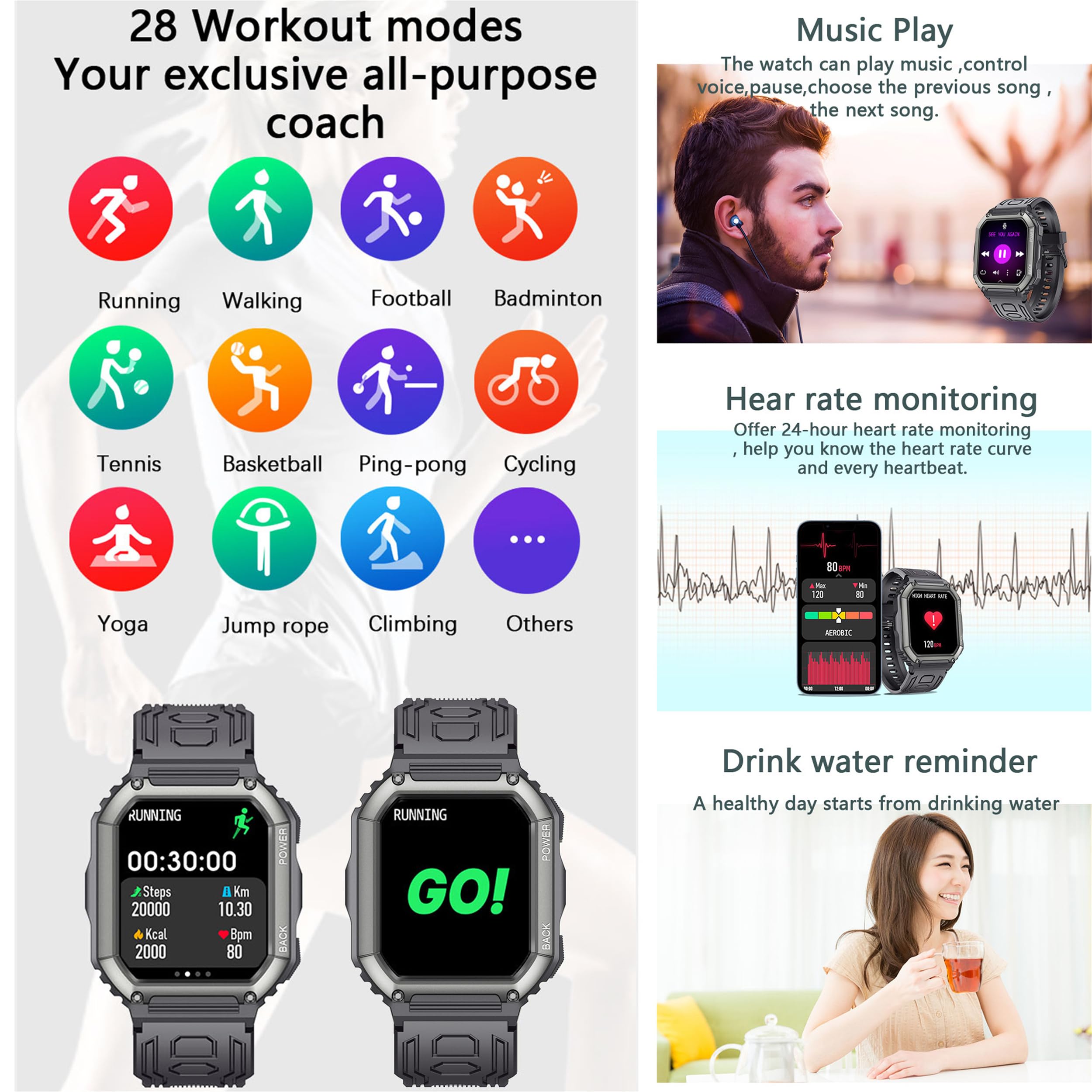 Reloj Inteligente Hombre con Llamadas, 1,8” AMOLED 5ATM Smartwatch Deportivo con Podometro Pulsometro SpO2 Sueño Presion Arterial Pulsera Actividad 5ATM Reloj para iOS Android, 3 Correas (Negro)