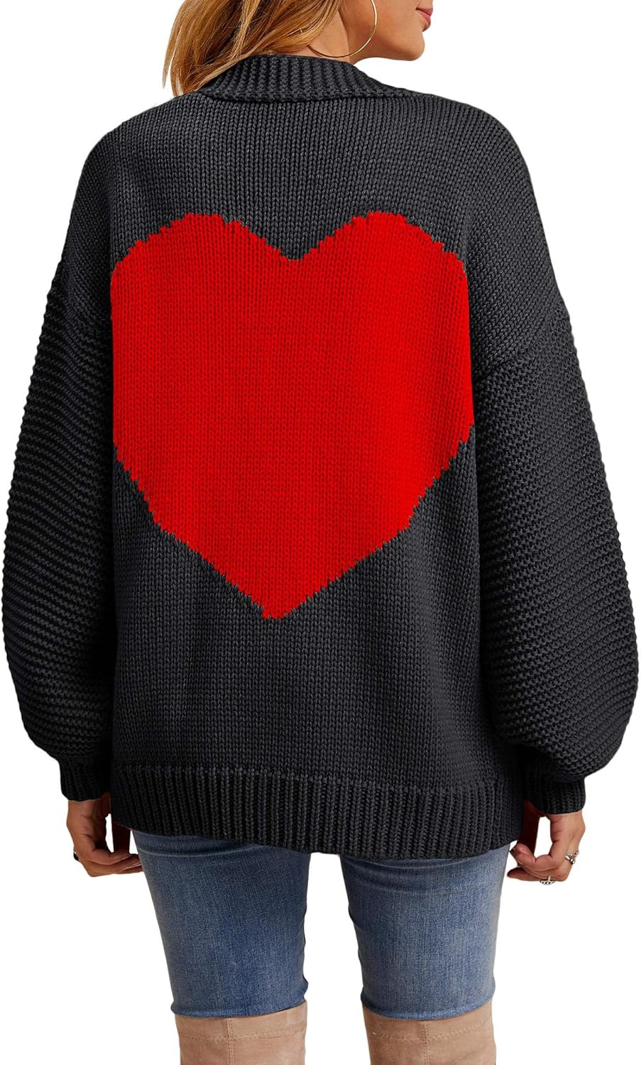 Tutorutor Womens Oversized Love Heart Pattern Print Open Front Cardigan Sweaters Casual Boho Valentine Loose Outwear Coat - Image 3