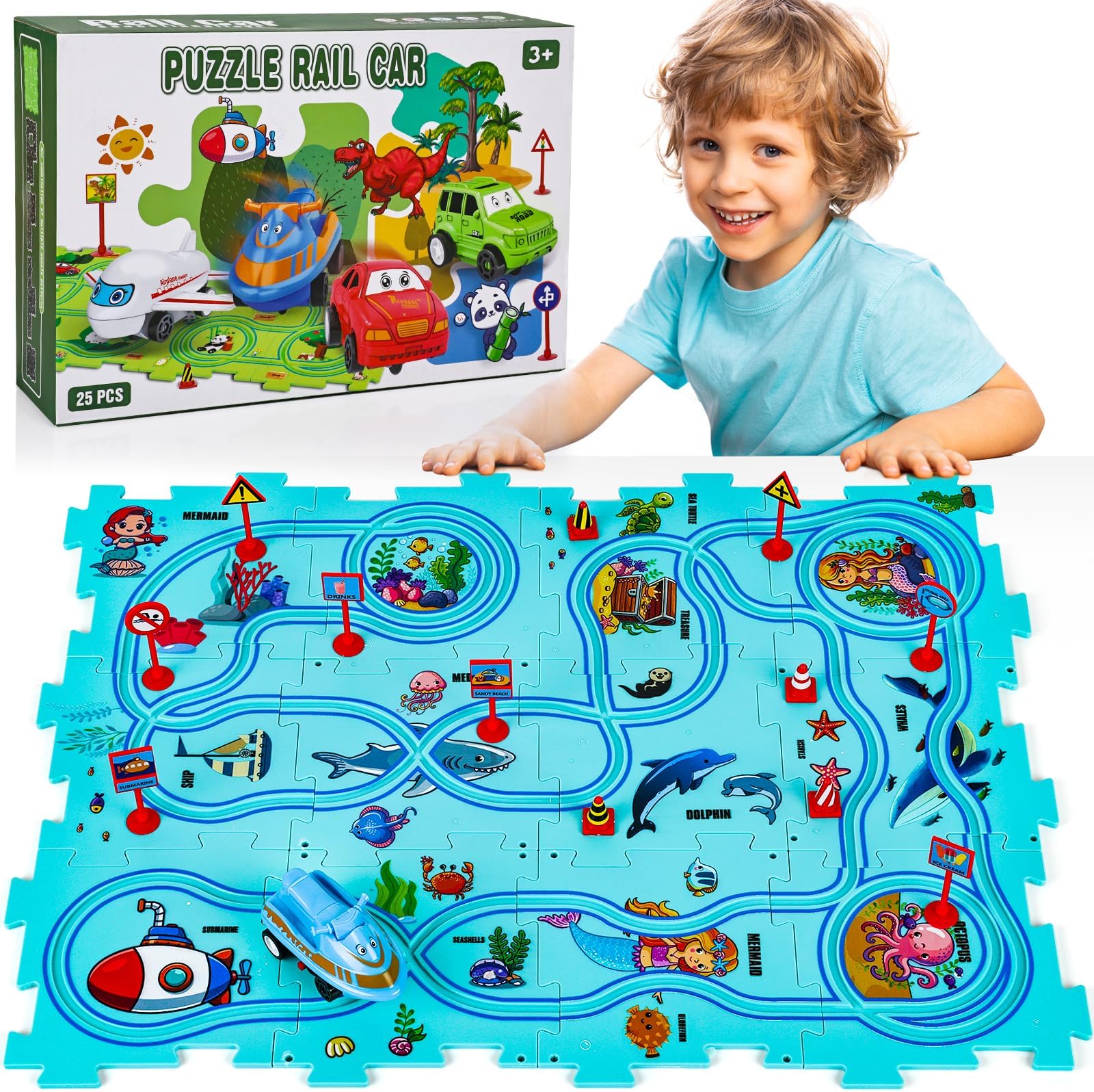 25PCS Puzzle Racer Kids Car Track Set, Rail Car Puzzle Track Ocean Themed Series, Puzzle Track Car Play Set, Toddler Puzzle Track Car, Educational Puzzle Toys Gifts for Kids Boys and Girls