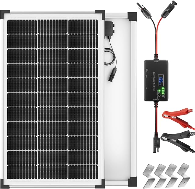 Voltset 100W Ensemble de panneaux solaires : 12 Mainteneur de chargeur solaire monocristallin Volt avec 20A PWM Contrôleur - Chargeur solaire imperméable pour RV Remorque Camions Campeurs Camions de véhicules