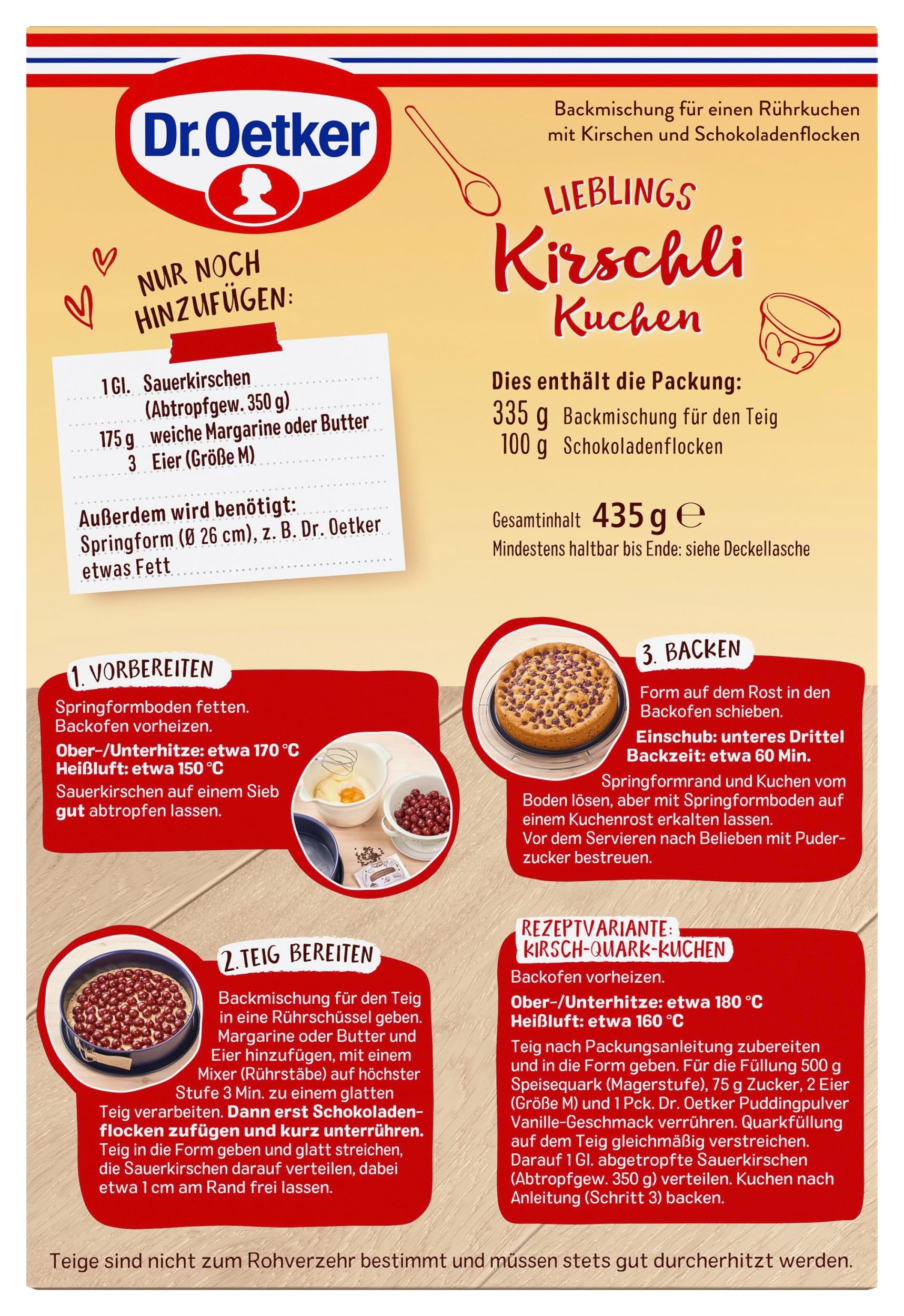 Dr. Oetker Kirschli Kuchen, 8 x 435 g, Backmischung für Rührkuchen mit Kirschen & Schokoladenflocken, fruchtig-schokoladiger Rührkuchen, gelingsicheres Backen