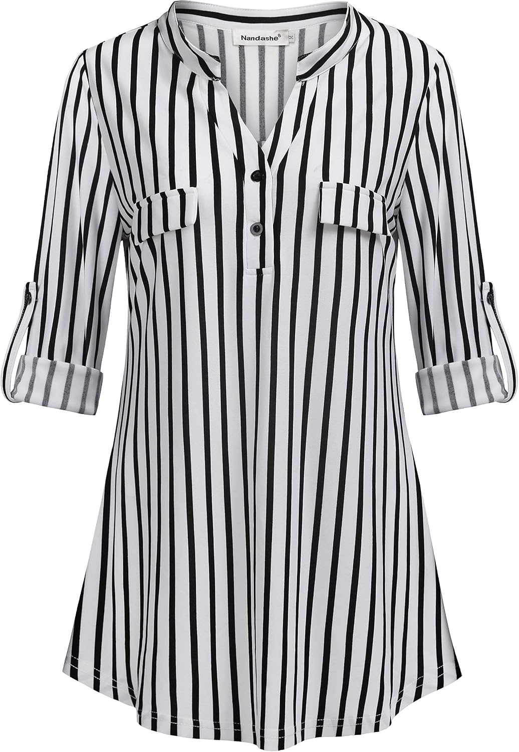 Nandashe Womens 3/4 Roll Sleeve Shirt V Neck Button Down Blouse Loose Tunic Tops