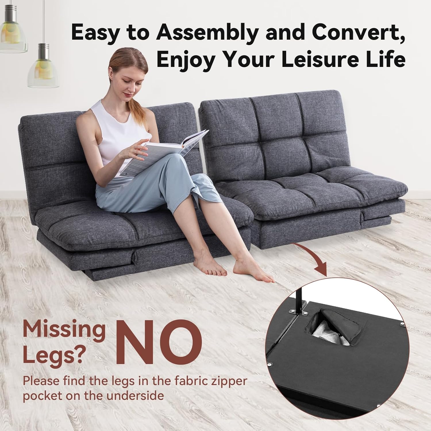 Hcore Futon Couch, Convertible Futon Sofa Bed, Memory Foam Futon Sofa, Adjustable Sleeper Sofa, Modern Loveseat Sofa Bed for Compact Space,Living Room, Office, Apartment, Grey, Updated Quality