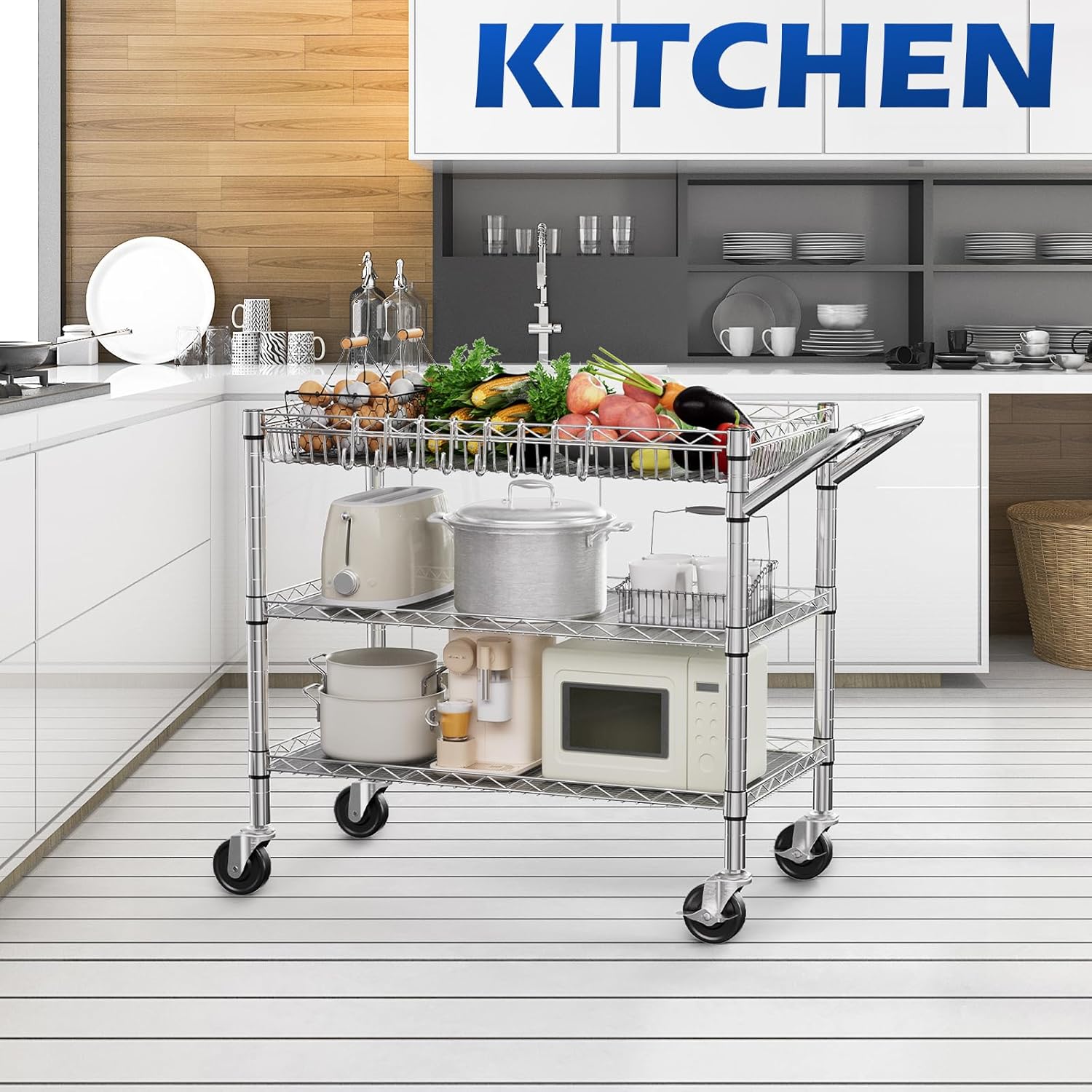 NTE Utility Cart with Wheels, 990lbs Capacity Metal 3 Tier Rolling Carts, NSF Kitchen Carts On Wheels with Storage, Heavy Duty Utility Cart with Handle & Wire Shelf for Indoor & Outdoor Use, Silver