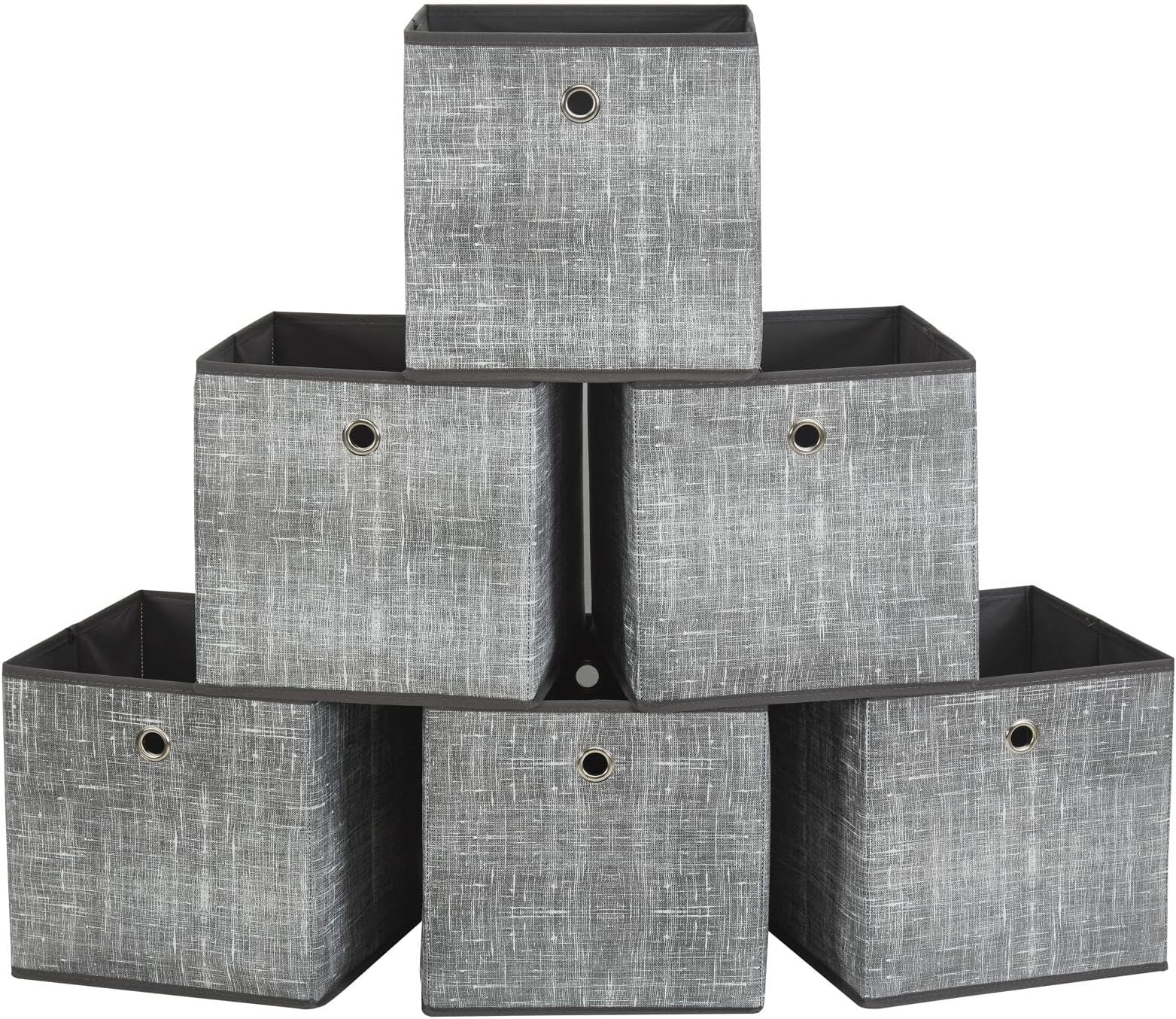 Webeasy Square Printed Grey Canvas Fabric Storage Box, Pack of 6 Eyelet Cube Foldable Open Bins for Home Office Nursery Organisation, Printed Grey, 28X28X28(CM)