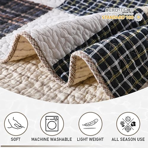 Miniatura 8 de KALOOLA Juego de edredón de retazos, tamaño Queen, 100% algodón, ligero, reversible, acolchado, con 2 fundas de almohada, juego de ropa de cama con