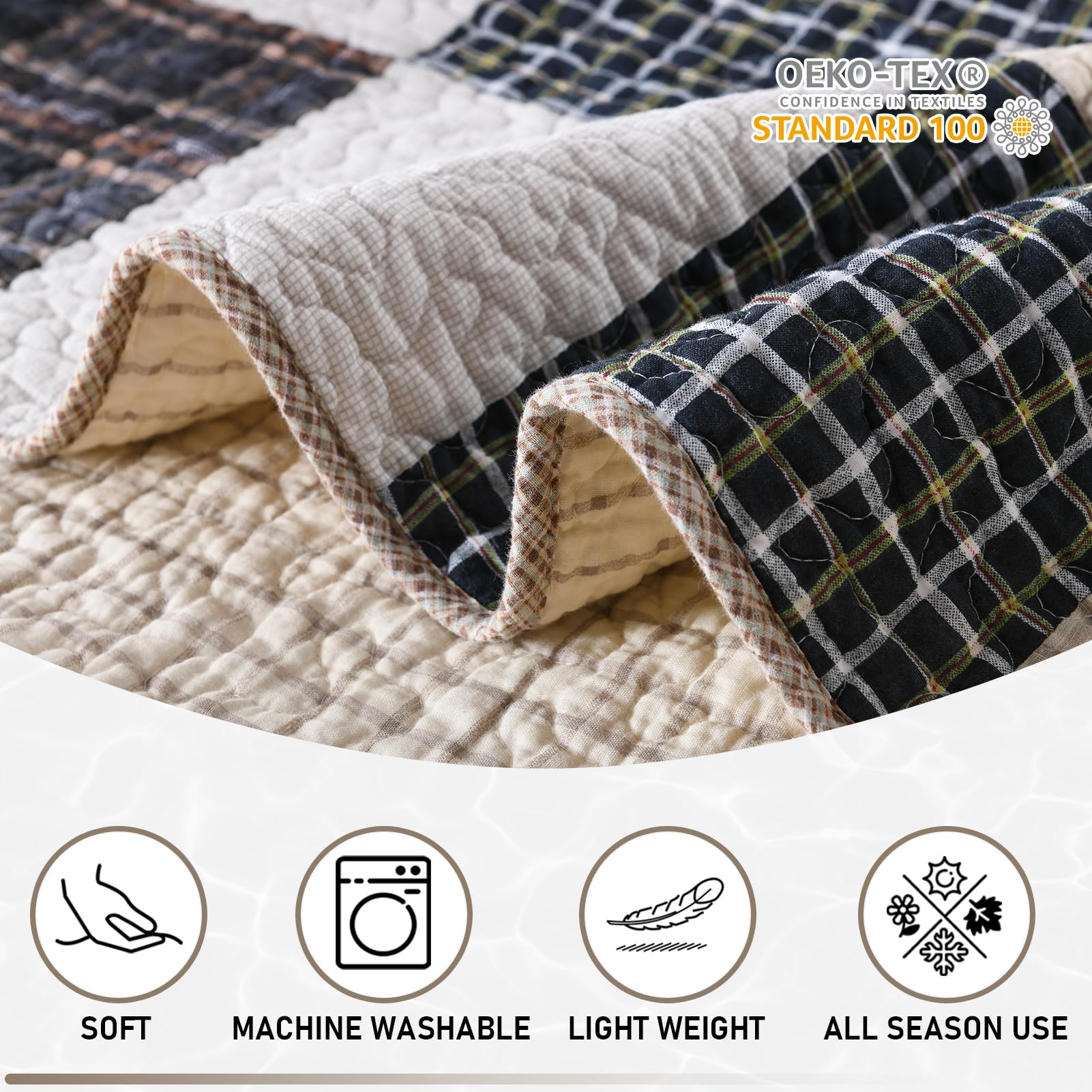3-teiliges King-Size Bettwäsche-Set – Gingham Karo, Leicht & Atmungsaktiv, Polyester, Braun/Grau