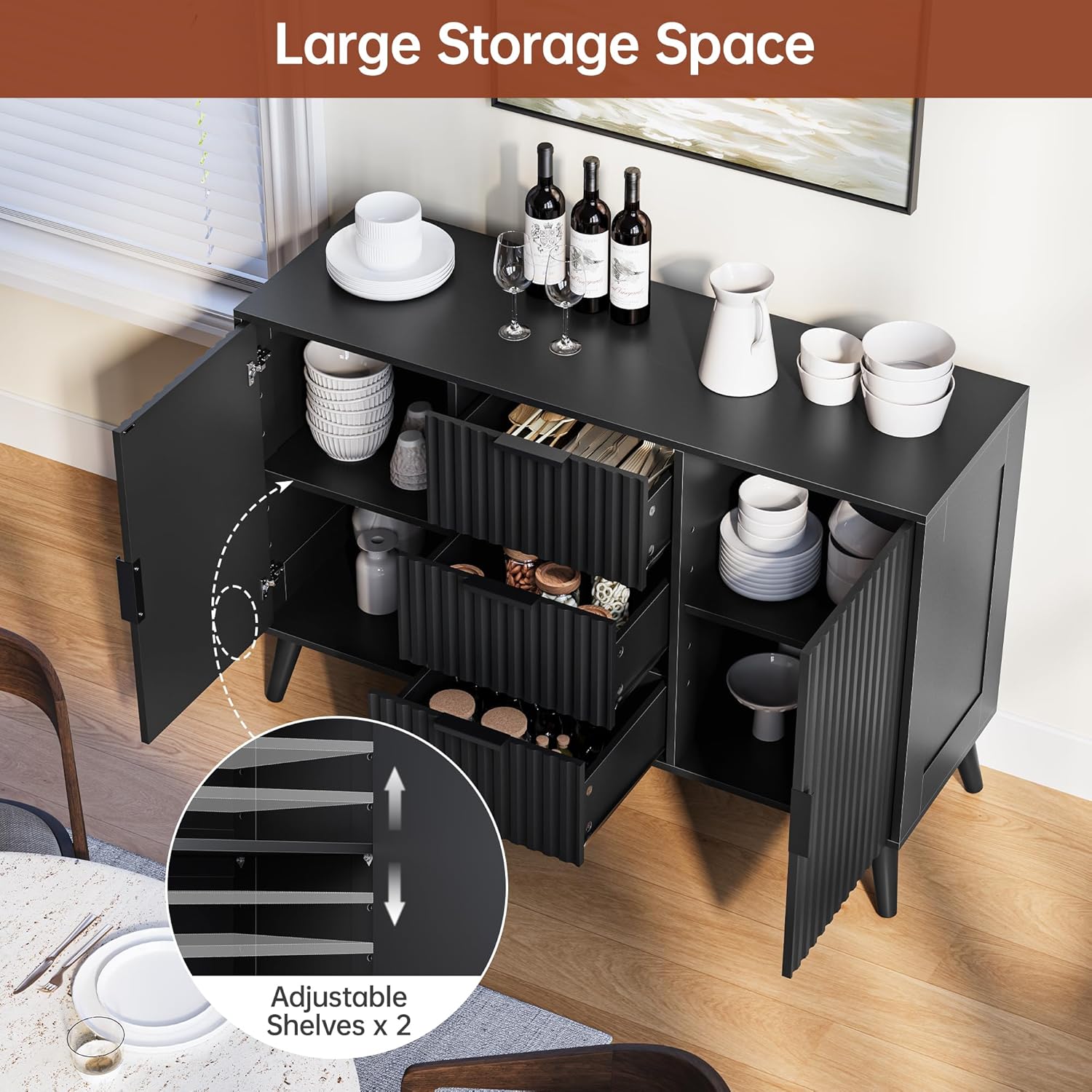 47.2" Fluted Sideboard Buffet Cabinet with 3 Drawers, Black Modern Buffet Cabinet with Storage, Large Storage Cabinets with 2 Doors Accent Credenza for Kitchen, Living Room, Entryway