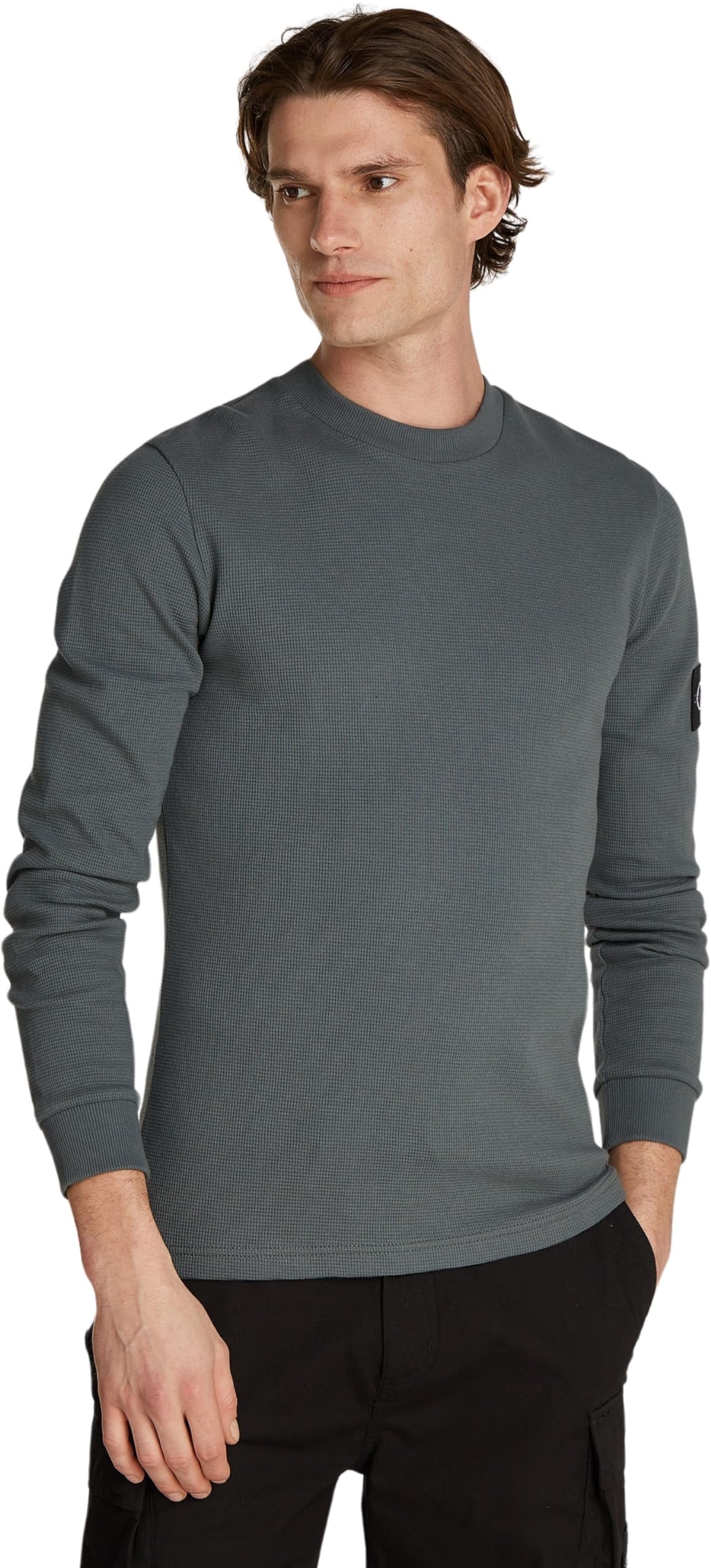 Calvin Klein Jeans Men's Badge Waffle Basic Long Sleeve Top, Grey (Endless Grey), XS
