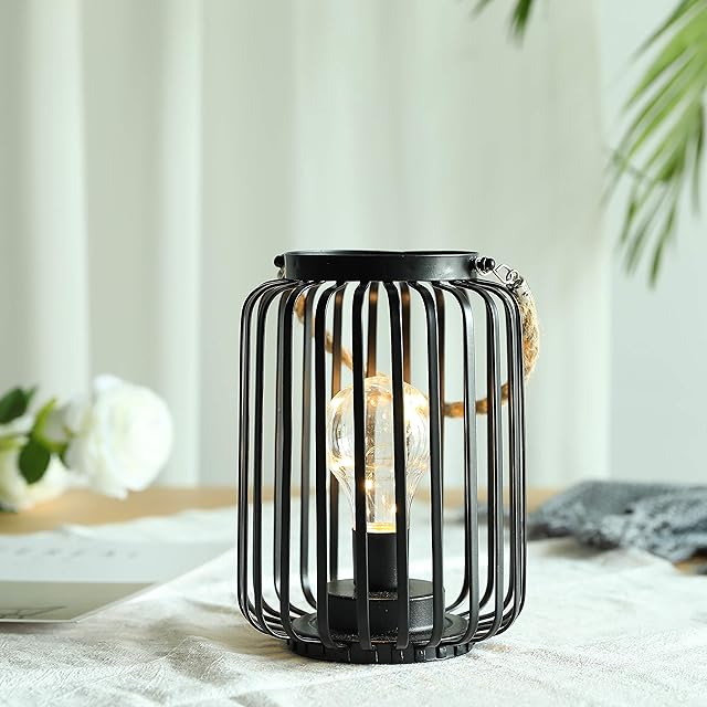 JHY DESIGN Hanging Lamp Battery Powered with Hemp Rope Handle, Cordless Cage Lamp 19.5cm High Battery Table Lamps, Metal Bedside Lamps for Living Room Bedroom Indoor Desk Corner Gift