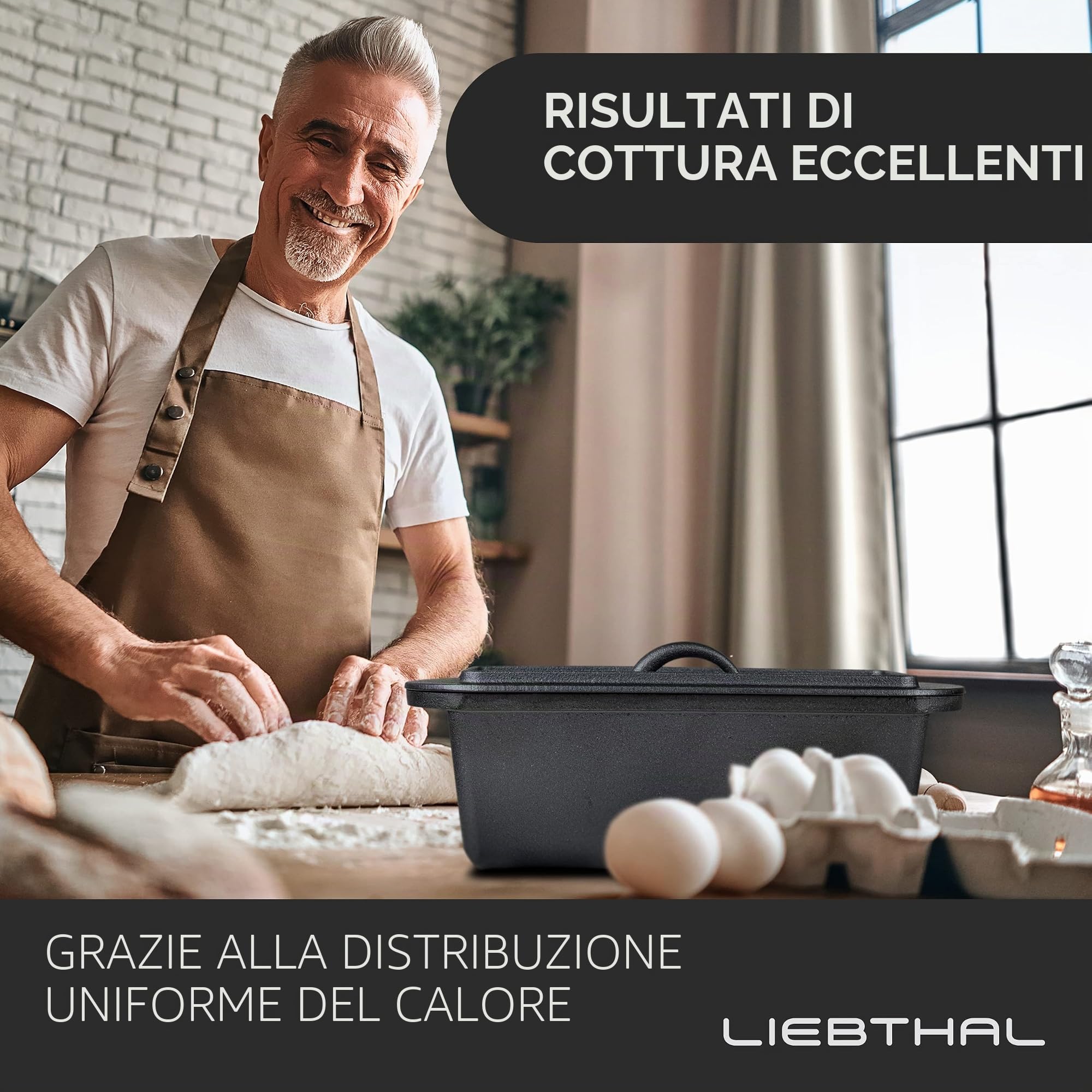 LIEBTHAL Stampo per pane con coperchio, inserto in silicone antiaderente perfetto, pentola in ghisa pre-stagionata, 3,5 l, stampo per pane per arrostire, cuocere e brasare