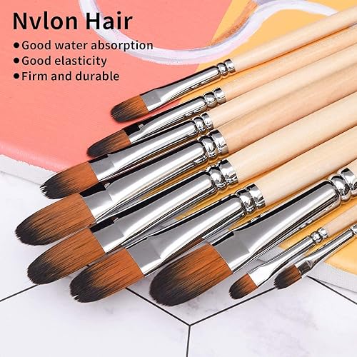 Miniatura 3 de Artist Filbert - Juego de pinceles de pintura, 9 piezas, kits de pintura profesionales con mango largo, cepillos de filbert de pelo de nailon suave