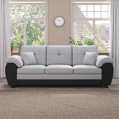 AVZEAR 3 Seater Sofa, Mid-Century Modern Sofa Couch, 81.8" Chesterfield Velvet Upholstered Sofa with PU Armrest and Button Tufted Backrest for Living Room, Bedroom, Apartment (Grey)