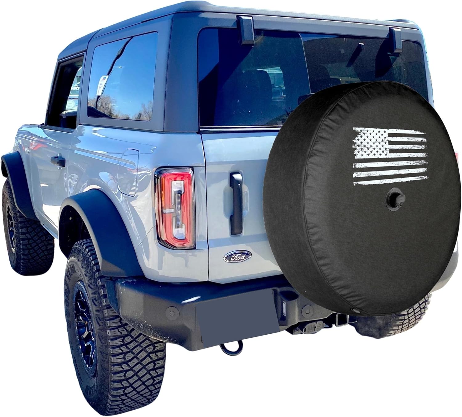Boomerang® USA – 32″ Soft Tire Cover – Distressed Flag – Compatible with Ford Bronco (with Back-up Camera) – (2021-2024) – Big Bend, Black Diamond & Outer Banks Boomerang® USA – 32″ Soft Tire Cover – Distressed Flag – Compatible with Ford Bronco (with Back-up Camera) – (2021-2024) – Big Bend, Black Diamond & Outer Banks