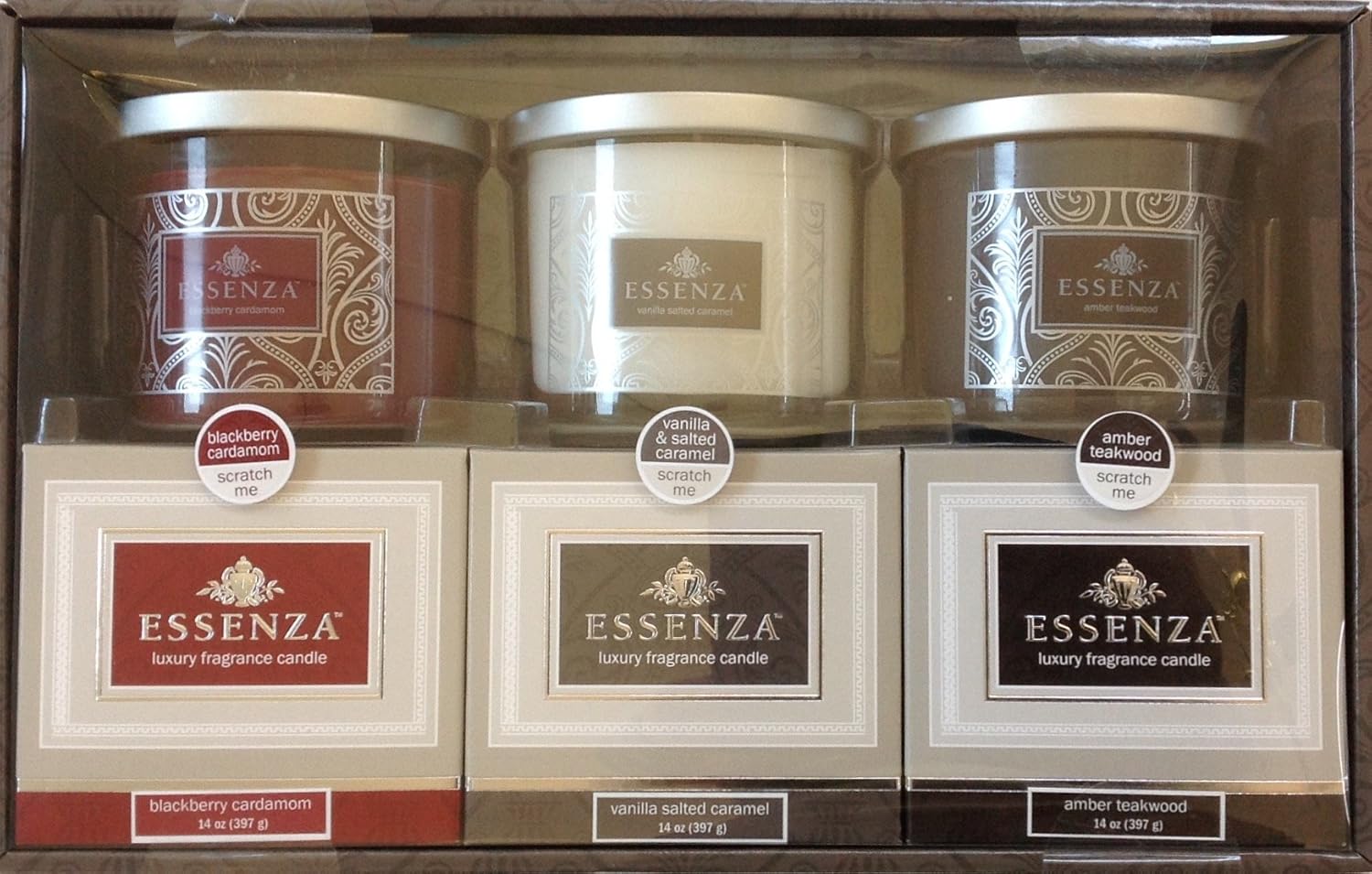 ESSENZA Luxury Fragrance Candles 3-PC Gift Set (BlackBerry Cardamom, Vanilla, Amber Teakwood)