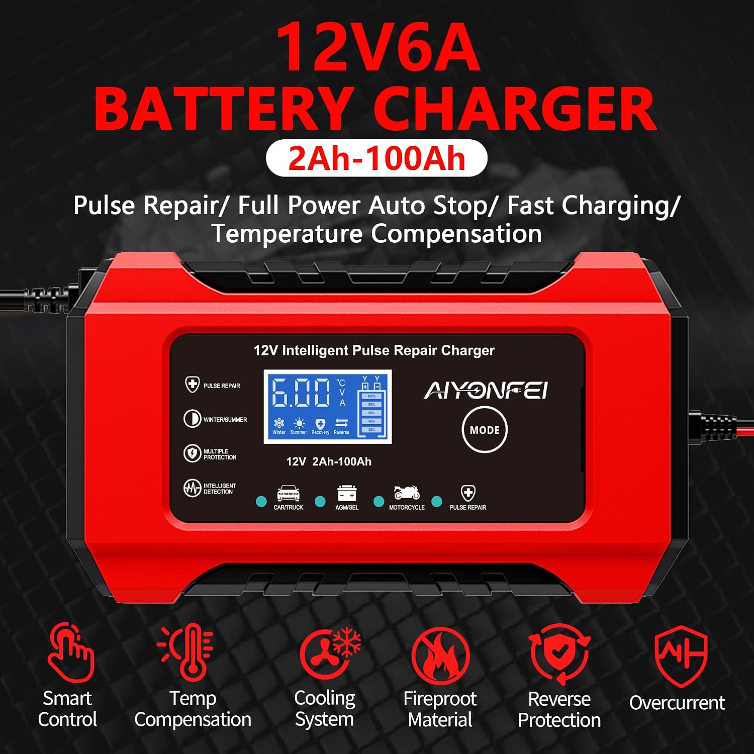 6A Car Battery Charger 12V Smart Battery Maintainer Trickle Charger and Battery Desulfator with Temperature Compensation for Car Truck Motorcycle Lawn Mower Marine (Red)