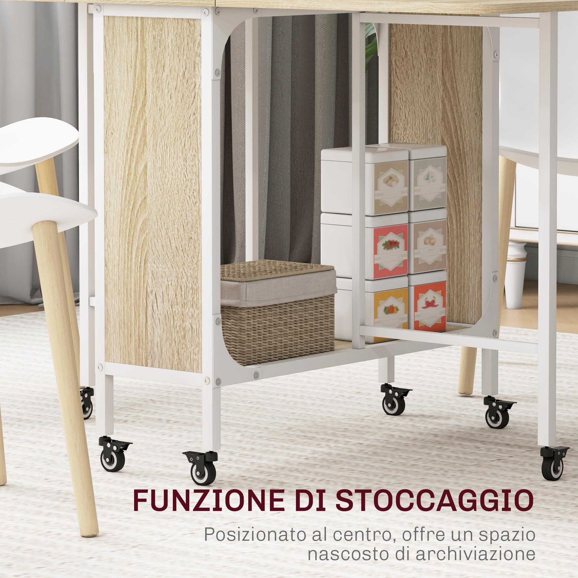 HOMCOM Tavolo da Pranzo Pieghevole, Tavolo a Ribalta per 4-6 Persone, Tavolo da Cucina Salvaspazio Moderno con Ripiano e 6 Ruote, in Metallo, 130x80x74 cm, Color Legno