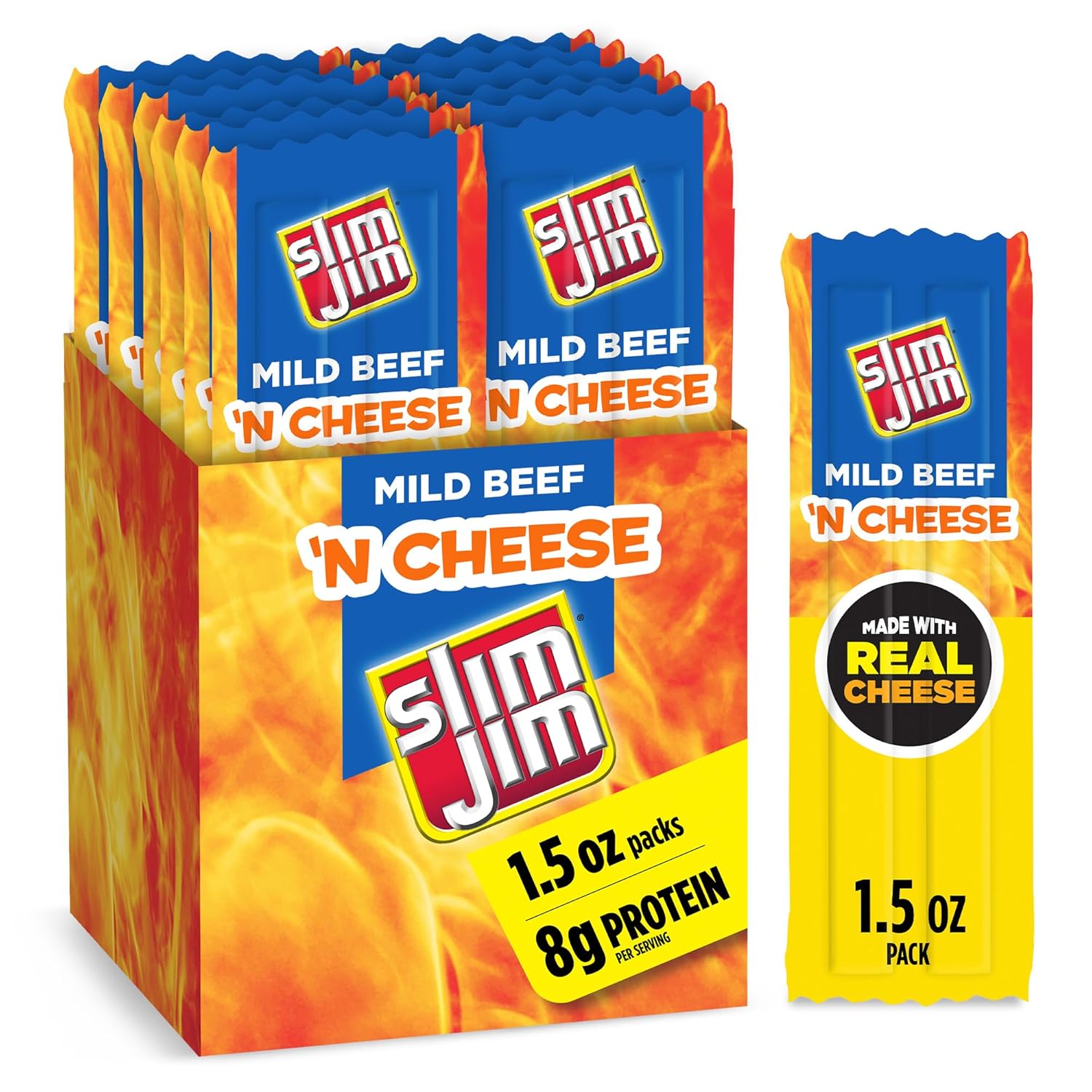 Slim Jim Beef 'N Cheese Smoked Meat Sticks, Mild Flavor, 8g Protein Per Serving, 1.5 oz. (18 Count)