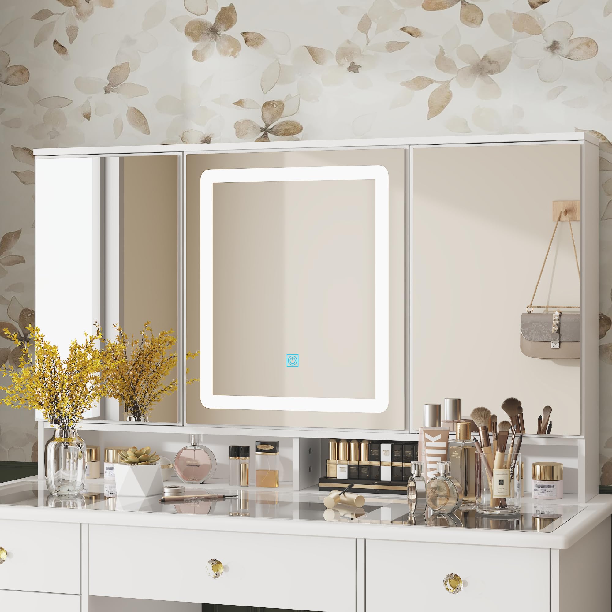 Amazon｜FUFU&GAGA 三面鏡ドレッサー 幅50cm 木製 ガラス天板 メイク台