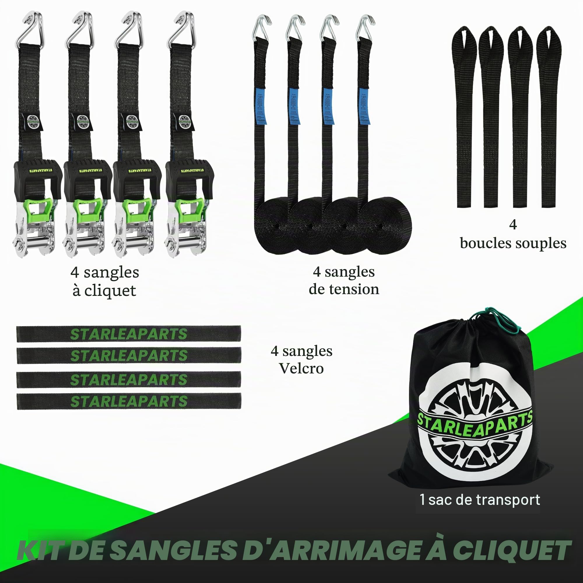 StarLeaparts Lot de 4 sangles à cliquet, 6 m x 35 mm Sangles d'arrimage professionnelles en 2 parties pour jantes, sangles de serrage résistantes jusqu'à 2000 kg, Sangles à cliquet en 2 parties pour