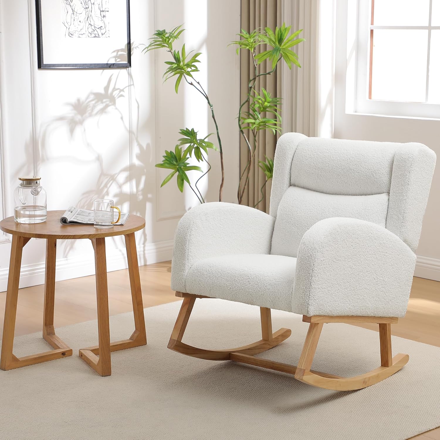 Nursery Rocking Chair,Wingback Nursery Rocking Chairs,Nursing Glider Rocker Chair with High Back for Living Room Bedroom(Teddy White)